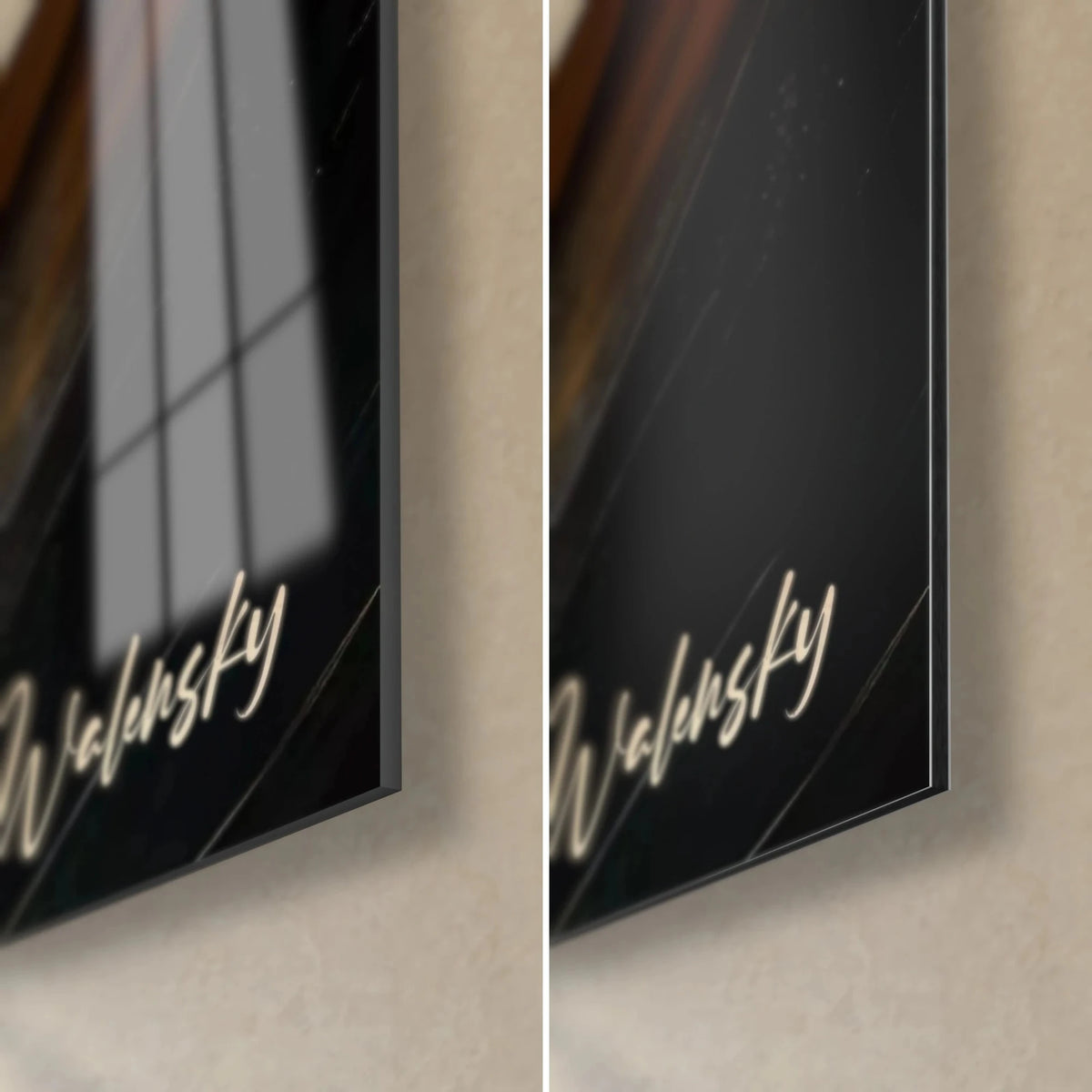 Wall art paint dunes, black and brown bottom-right corner, Walensky signature, glossy glass on the left, matte Dibond on the right