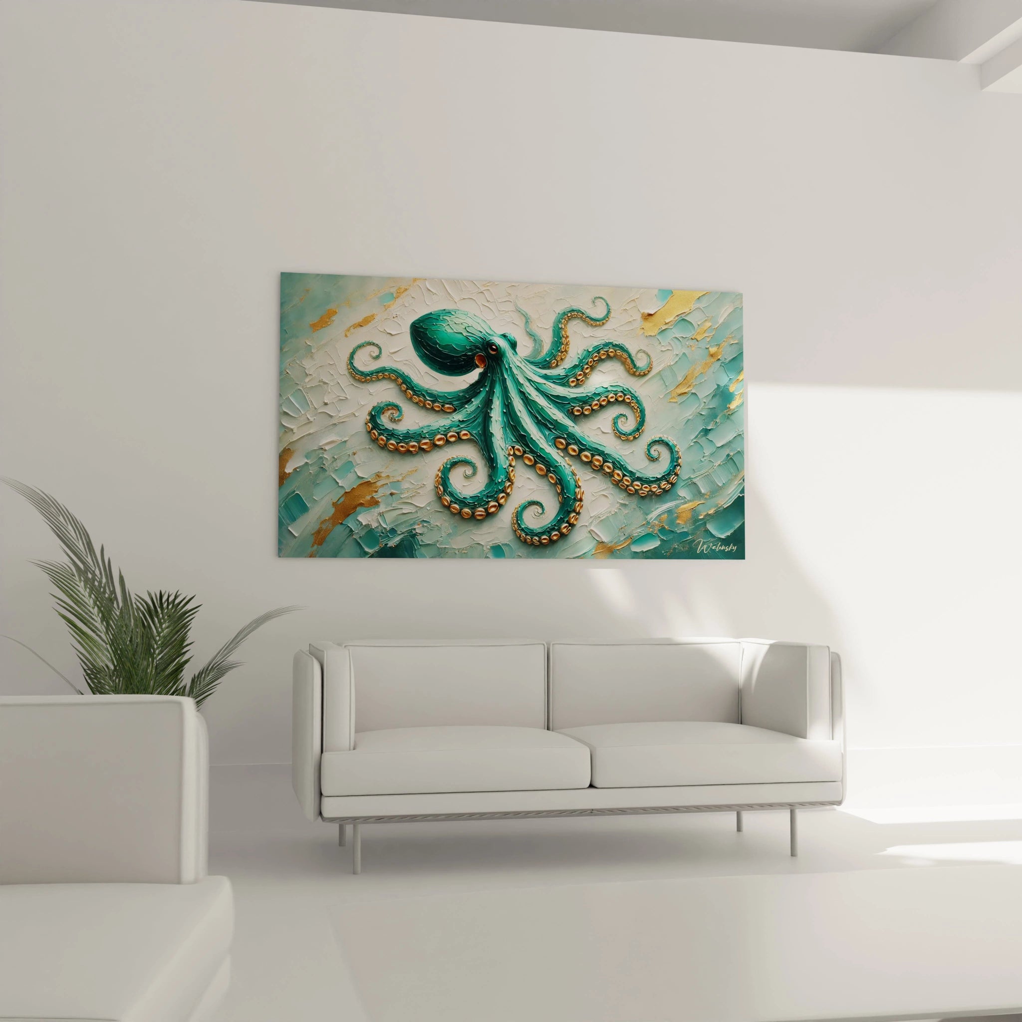 tableau poulpe au-dessus d un canapé dans un salon. Le contraste entre les nuances vertes et les touches dorees sublime l espace, ajoutant une atmosphere luxueuse et contemporaine