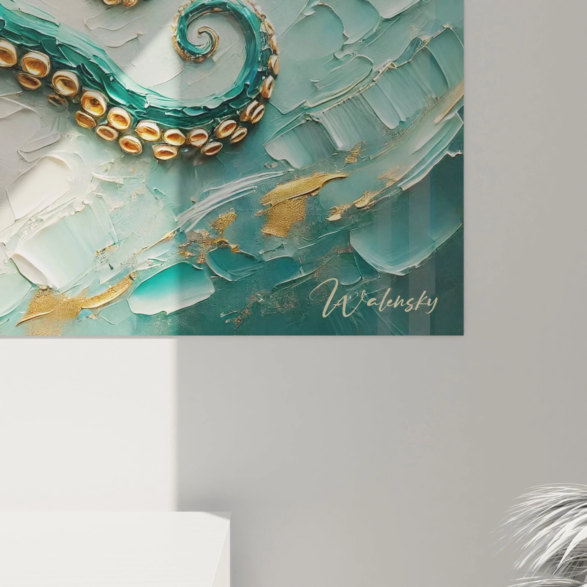 vue de pres du tableau poulpe mettant en avant les textures sculpturales et les couleurs profondes evoquant la beaute des profondeurs marines. Une piece captivante et raffinee