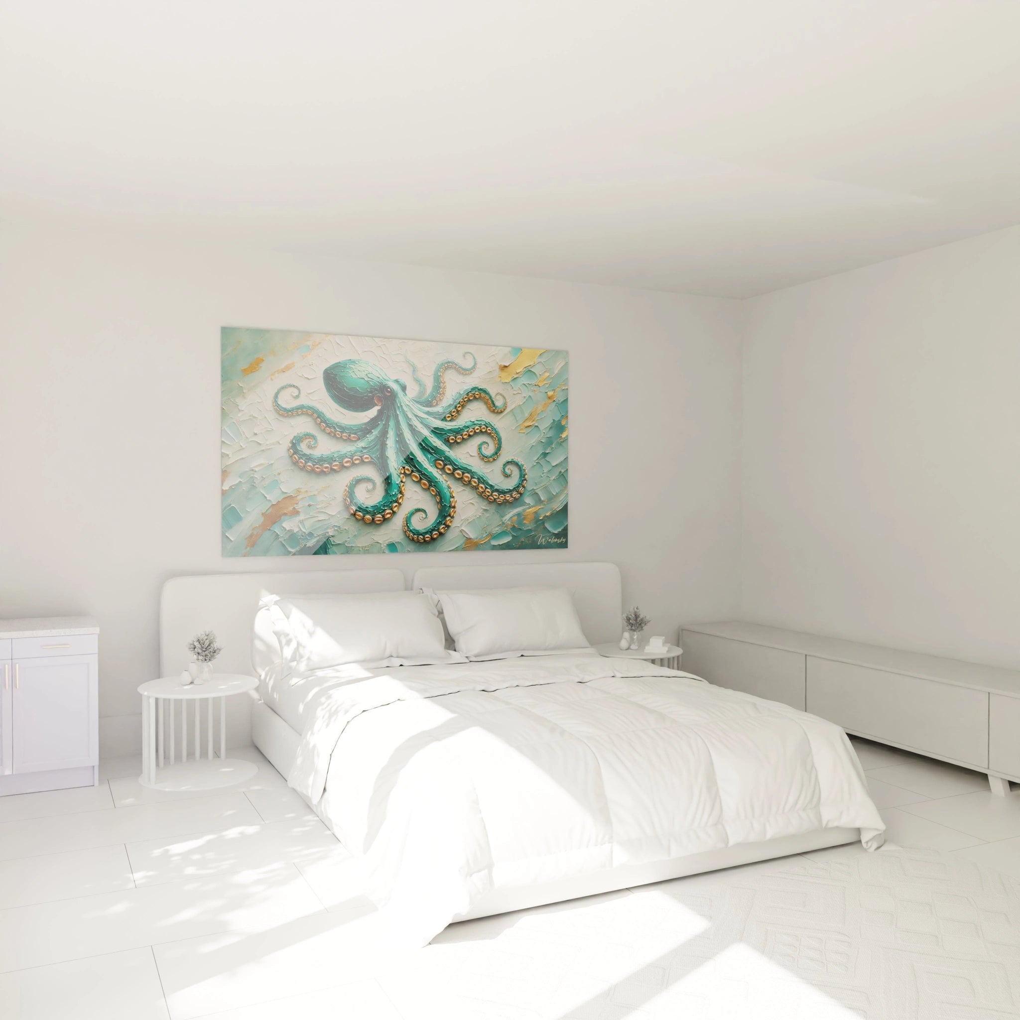 tableau poulpe accroche au mur au dessus d un lit dans une chambre. Ses reliefs et couleurs aquatiques creent une ambiance apaisante, ideal pour un espace serein et raffine