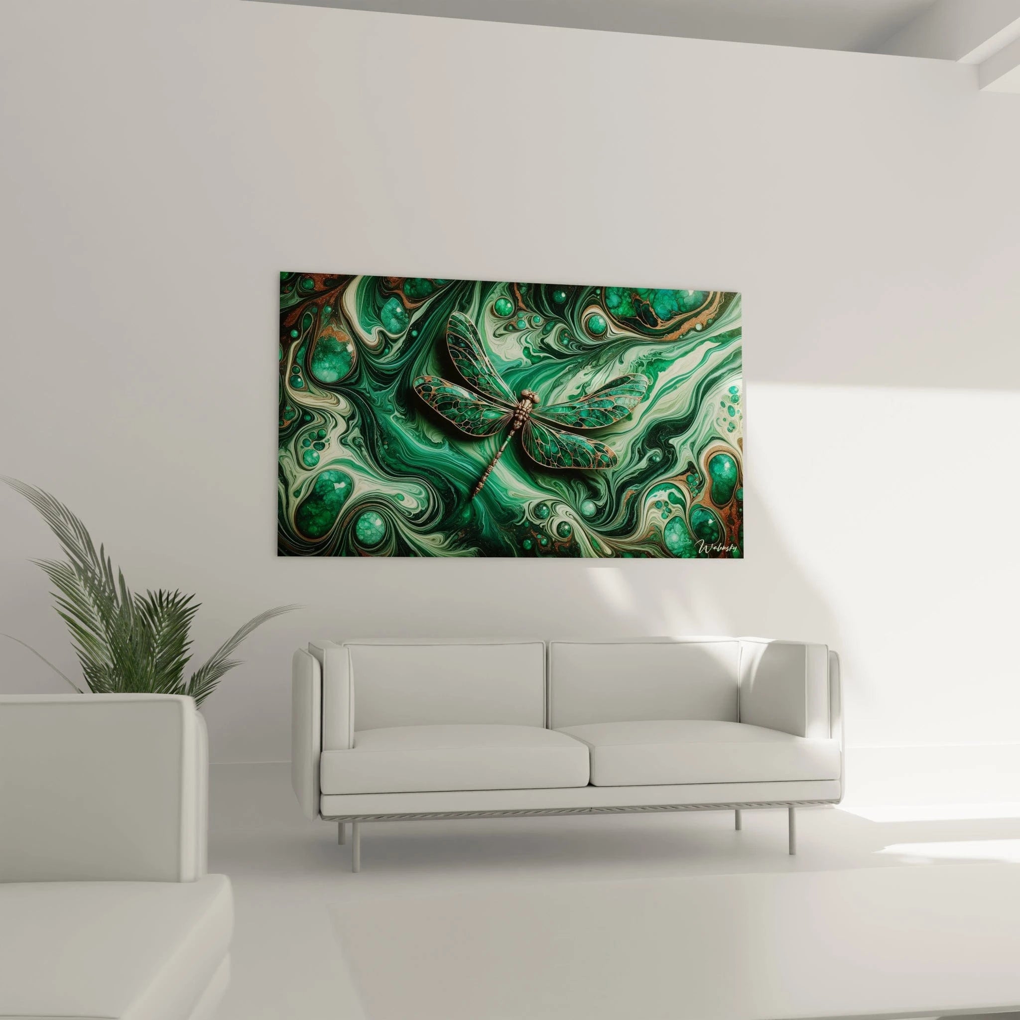 Un tableau abstrait présentant une libellule stylisée sur fond d'art fluide. Les couleurs principales sont vert jade, bronze, blanc nacré et noir. La texture montre des veines fluides entrelacées avec bulles cristallines vertes et lignes cuivrées, autour d'une libellule aux ailes translucides cloisonnées par des nervures dorées et corps articulé.