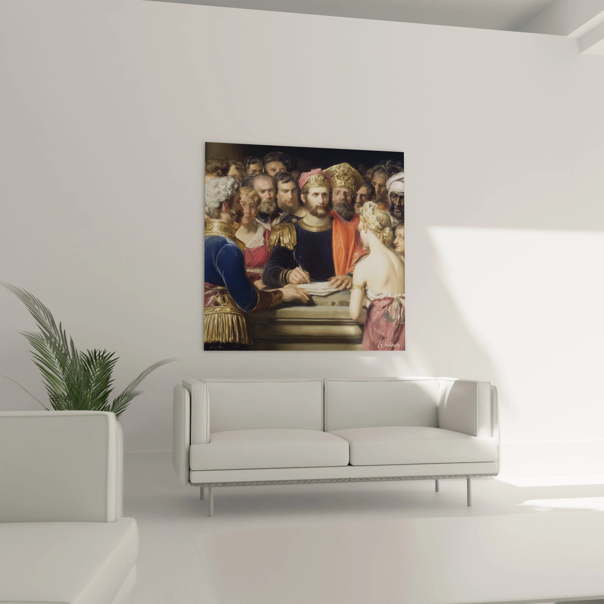 Tableau mural Walensky montrant tableau empereur néo classique d'un souverain entouré de courtisans au dessus d'un canapé blanc