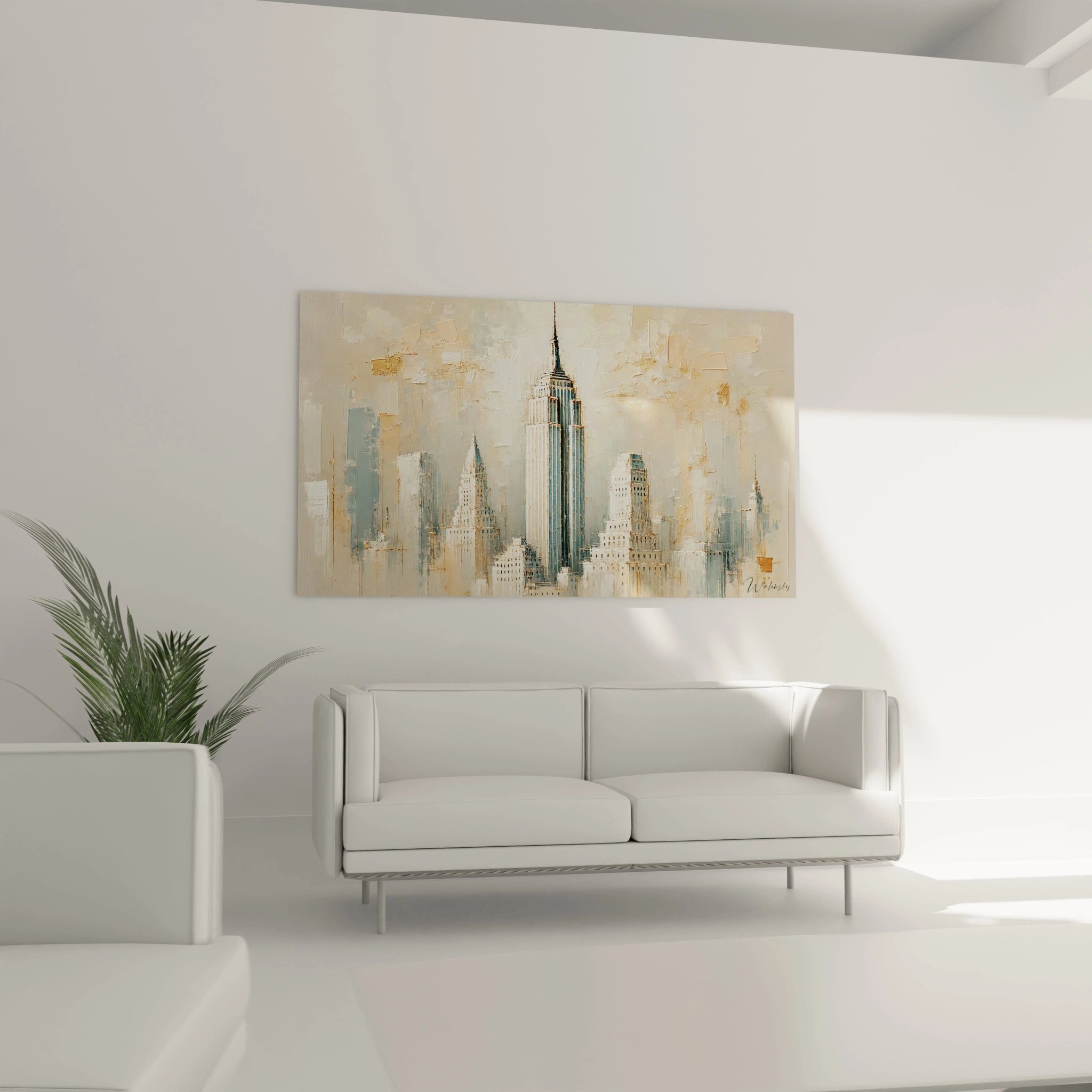 tableau Empire State Building dans un salon au-dessus d’un canapé devient le point focal. Ses teintes dorées et bleues créent une ambiance chic et élégante, idéale pour sublimer votre espace moderne.