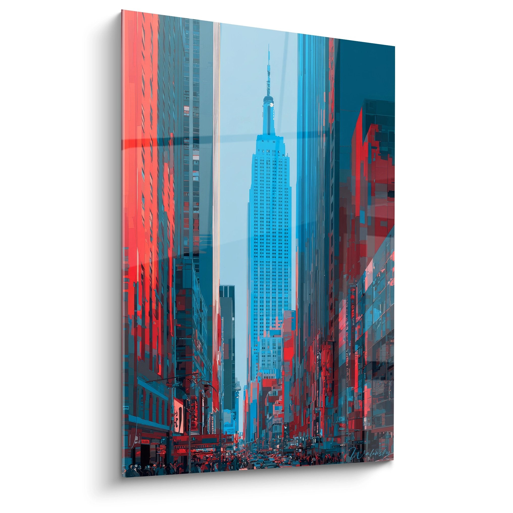 Tableau Empire State Building rouge et bleu, art urbain Manhattan contemporain, décoration murale NYC