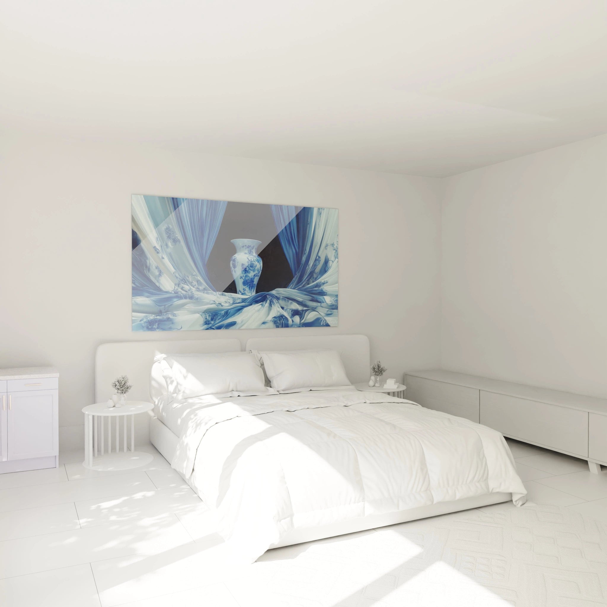 Un tableau nature morte abstrait centré sur un vase en porcelaine bleu et blanc, encadré par des plis de tissu soyeux dans des tons bleus, blancs, et noirs.