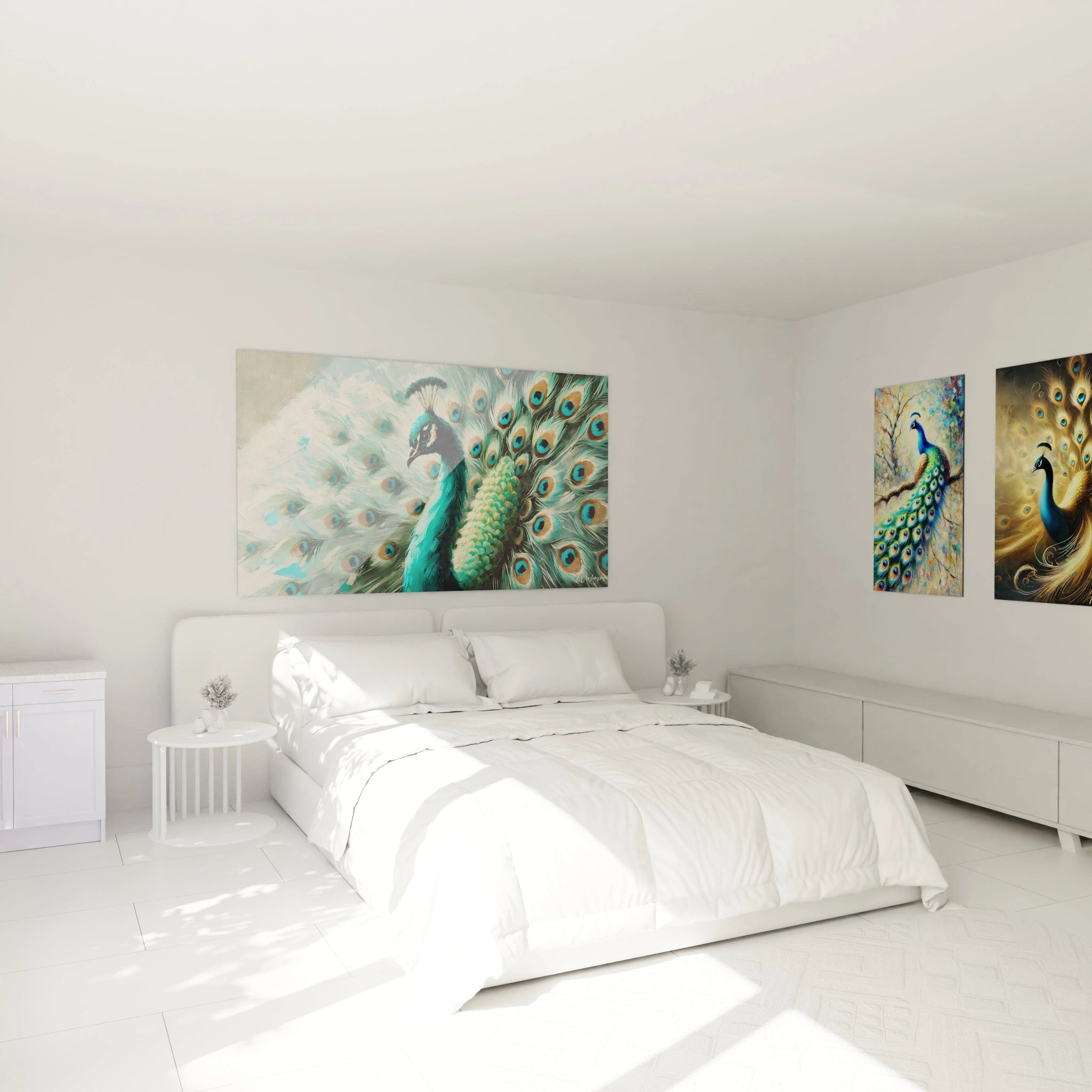 Ce tableau paon accroché au mur au-dessus du lit transforme la chambre en un sanctuaire apaisant. Ses nuances de bleu et vert apportent sérénité et élégance à votre espace intime.