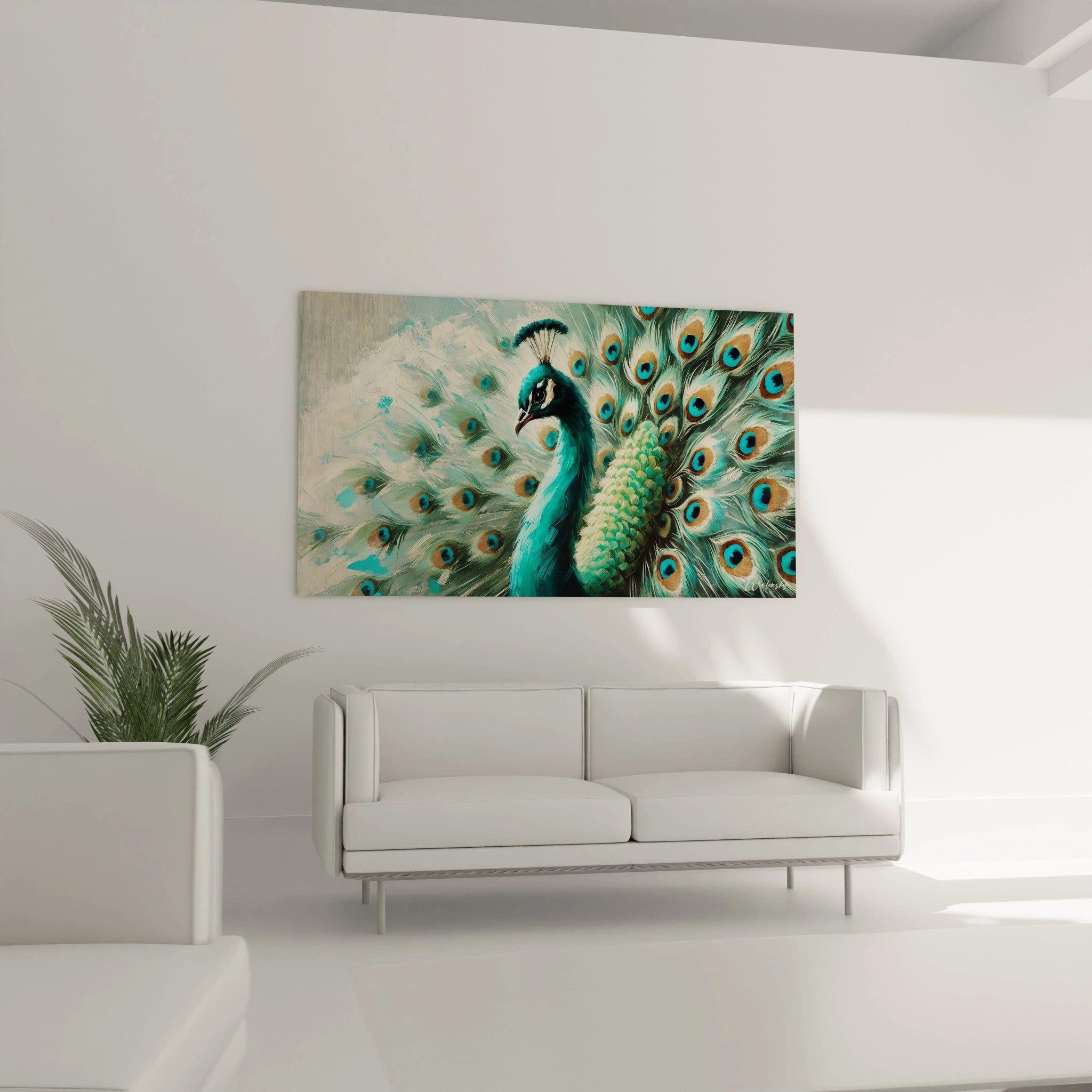 Le tableau paon illumine le salon au-dessus du canapé avec ses couleurs émeraude et turquoise vibrantes. Une œuvre qui apporte une touche sophistiquée et exotique à toute décoration murale.