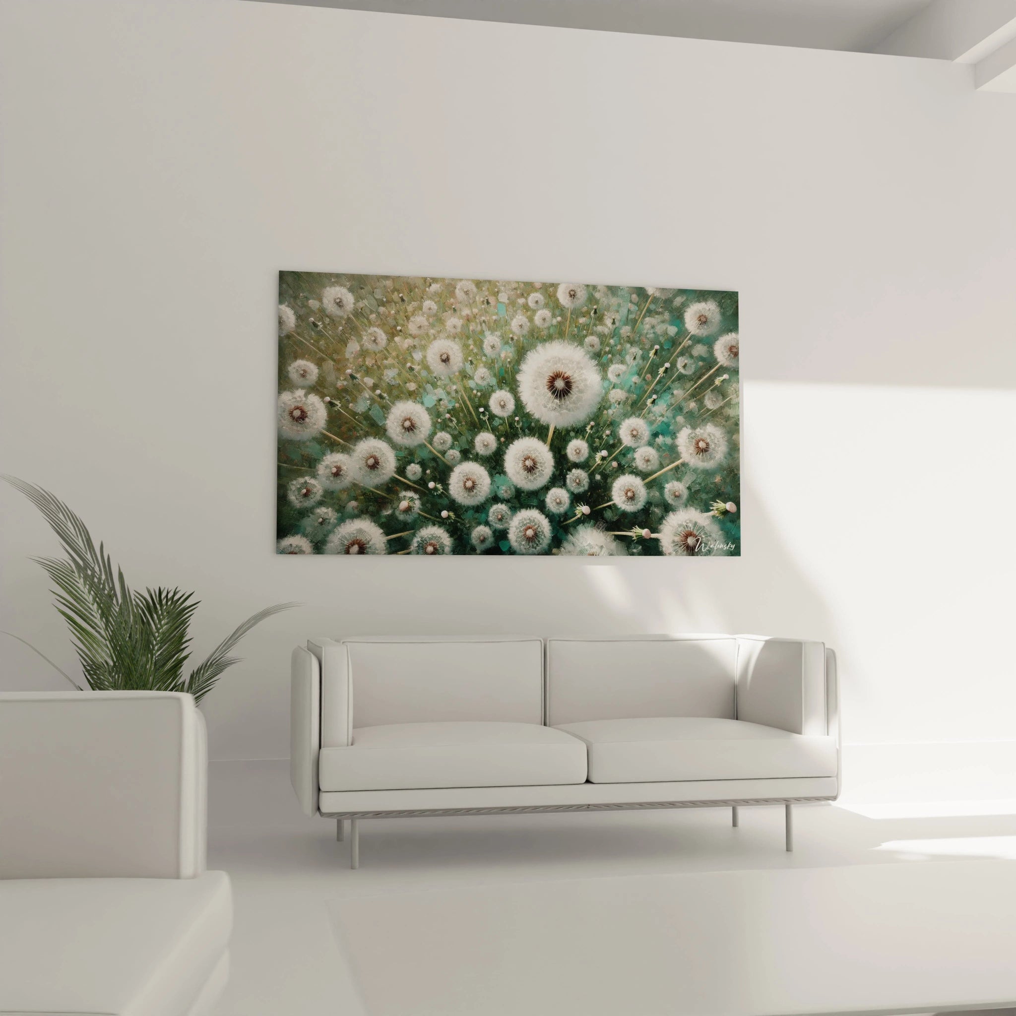 Ce Tableau Fleur dans un salon au-dessus du canape sublime la decoration avec sa composition de pissenlits en apesanteur. Une atmosphere tranquille et poetique emane de cette oeuvre contemporaine.