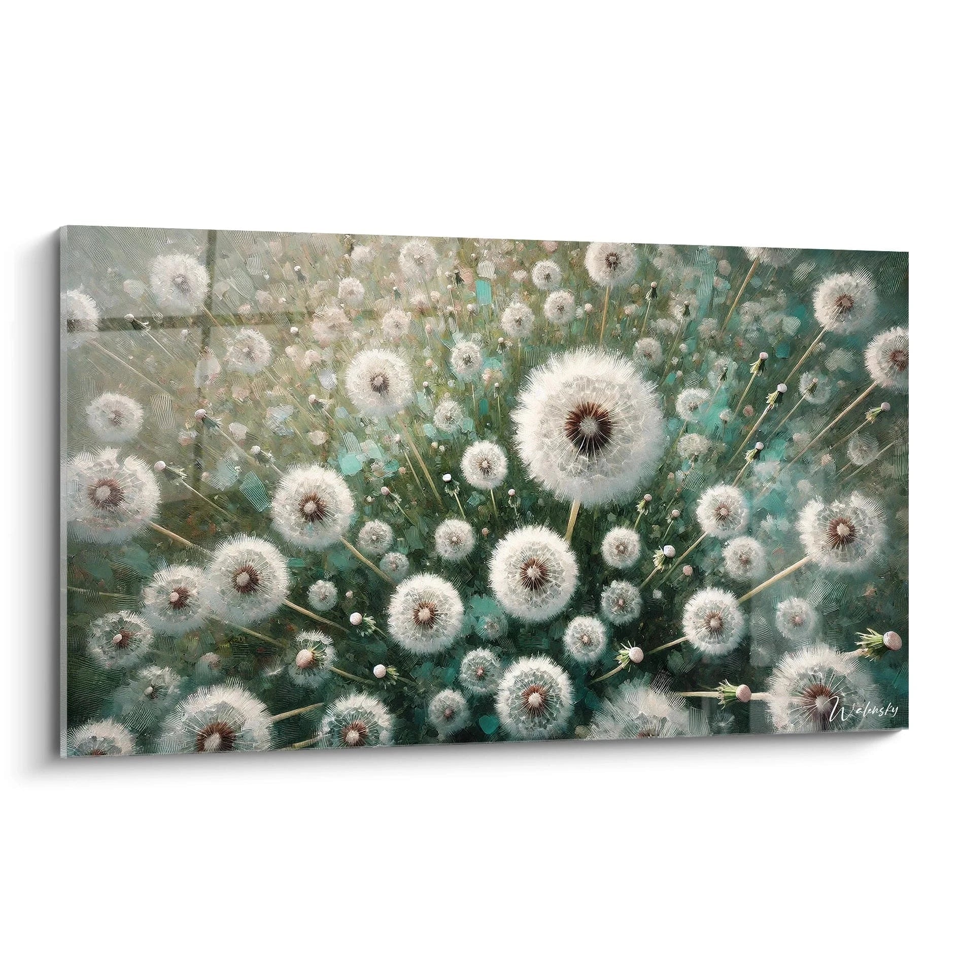 Tableau Fleur vue de biais offrant une perspective unique sur une composition delicate de pissenlits. Les details minutieux evoquent la legerete et la poesie de la nature pour une ambiance apaisante.