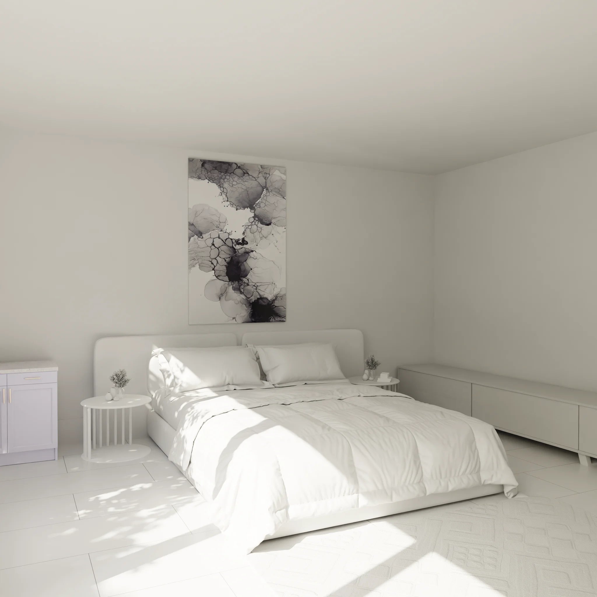 Ambiance chambre avec tableau encre abstraite noir et blanc au dessus du lit design moderne