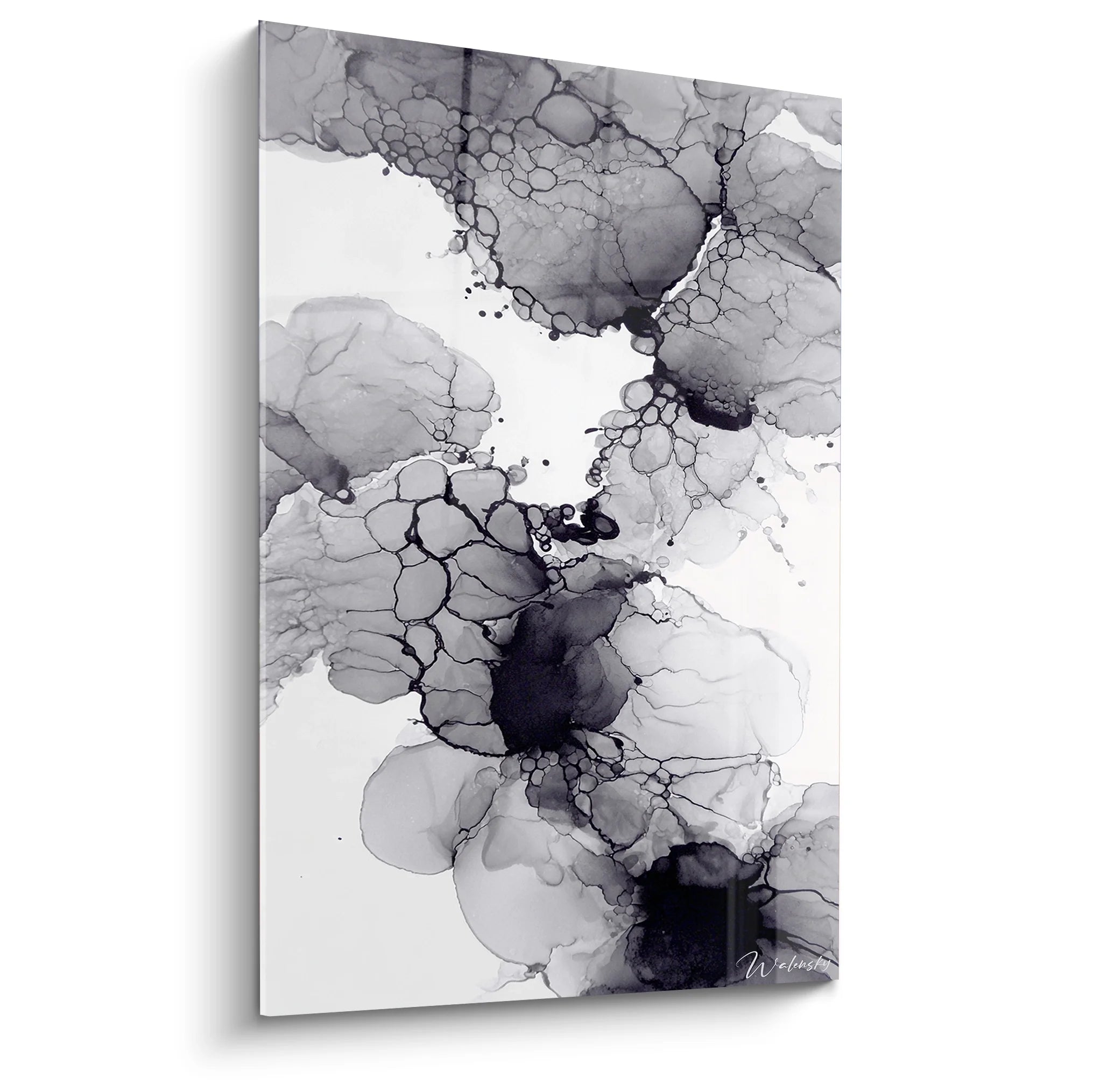 Tableau encre abstraite noir et blanc avec formes organiques fluides pour décoration moderne