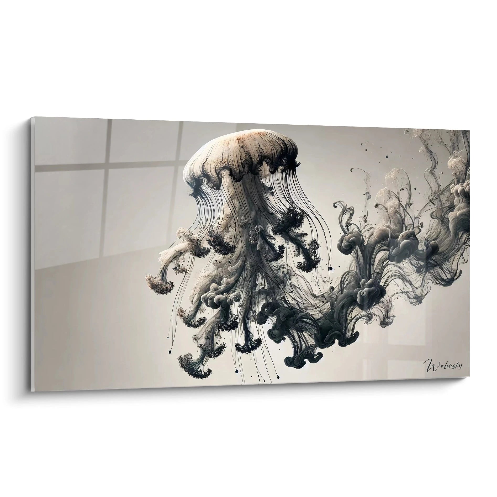 Ce tableau méduse révèle une créature marine captivante dans une esthétique minimaliste. Ses tentacules ondulent gracieusement, évoquant fluidité et mystère.