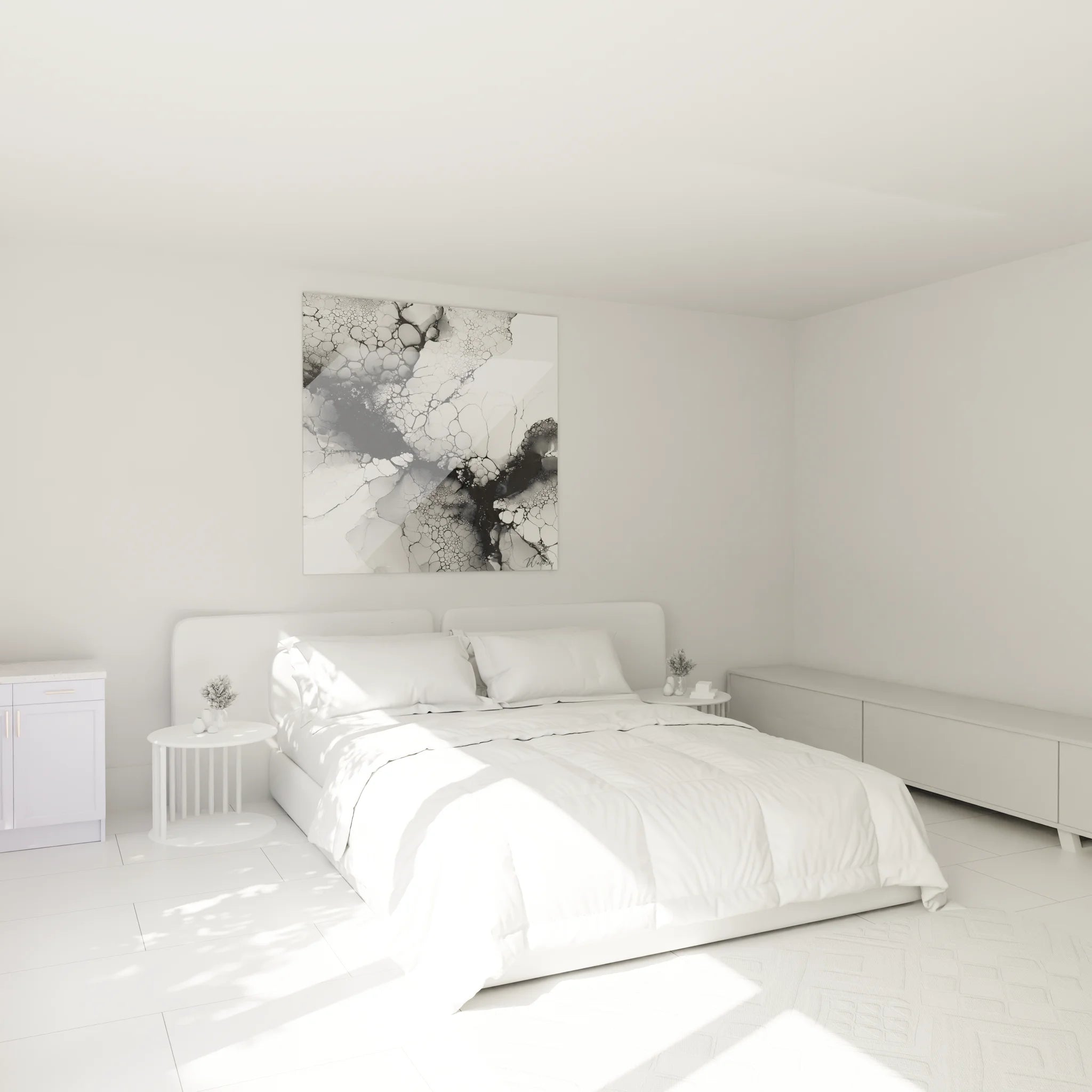 Décoration chambre avec tableau encre fluide noir blanc abstrait formes organiques sur mur moderne