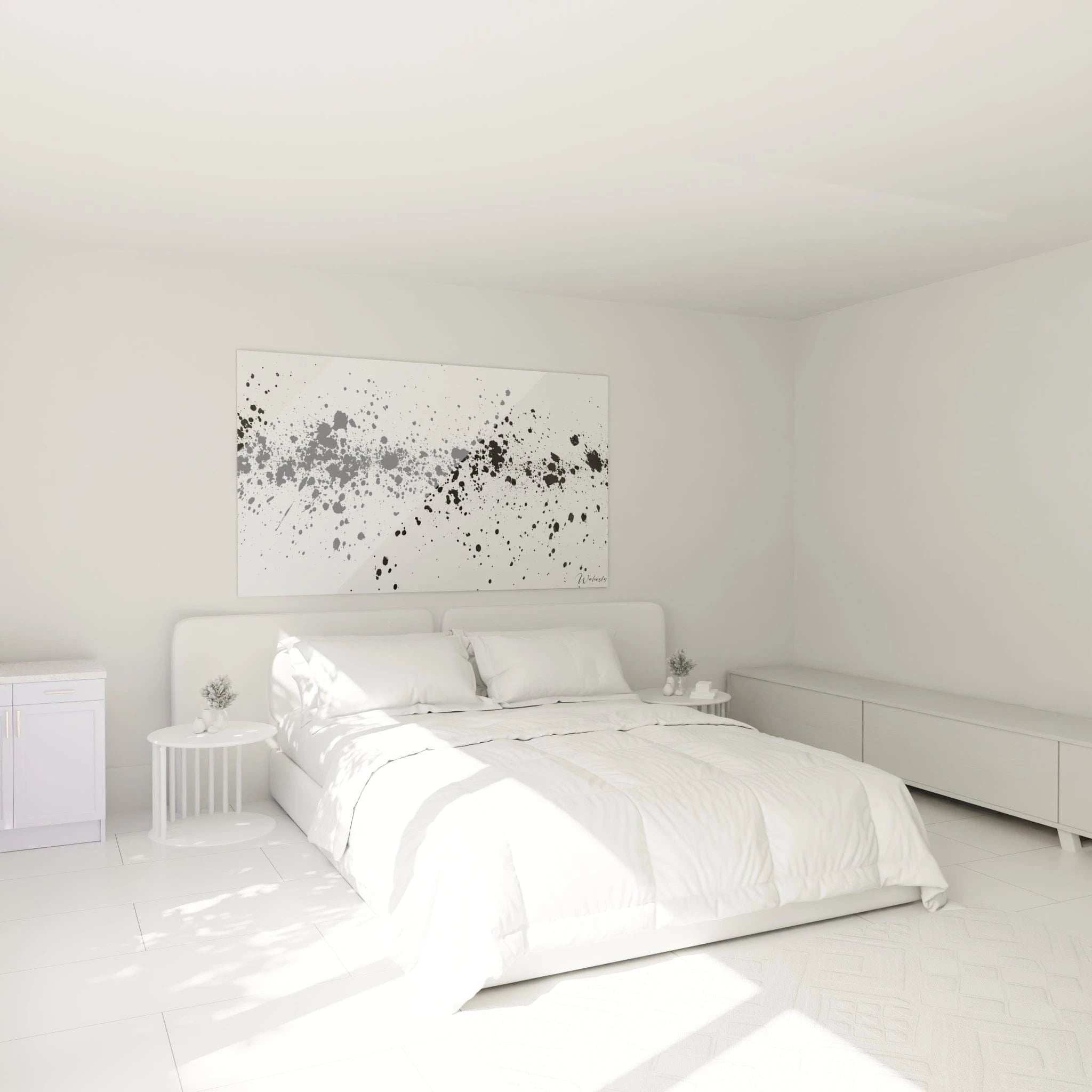Tableau tacheté noir et blanc de Walensky décorant une chambre moderne minimaliste