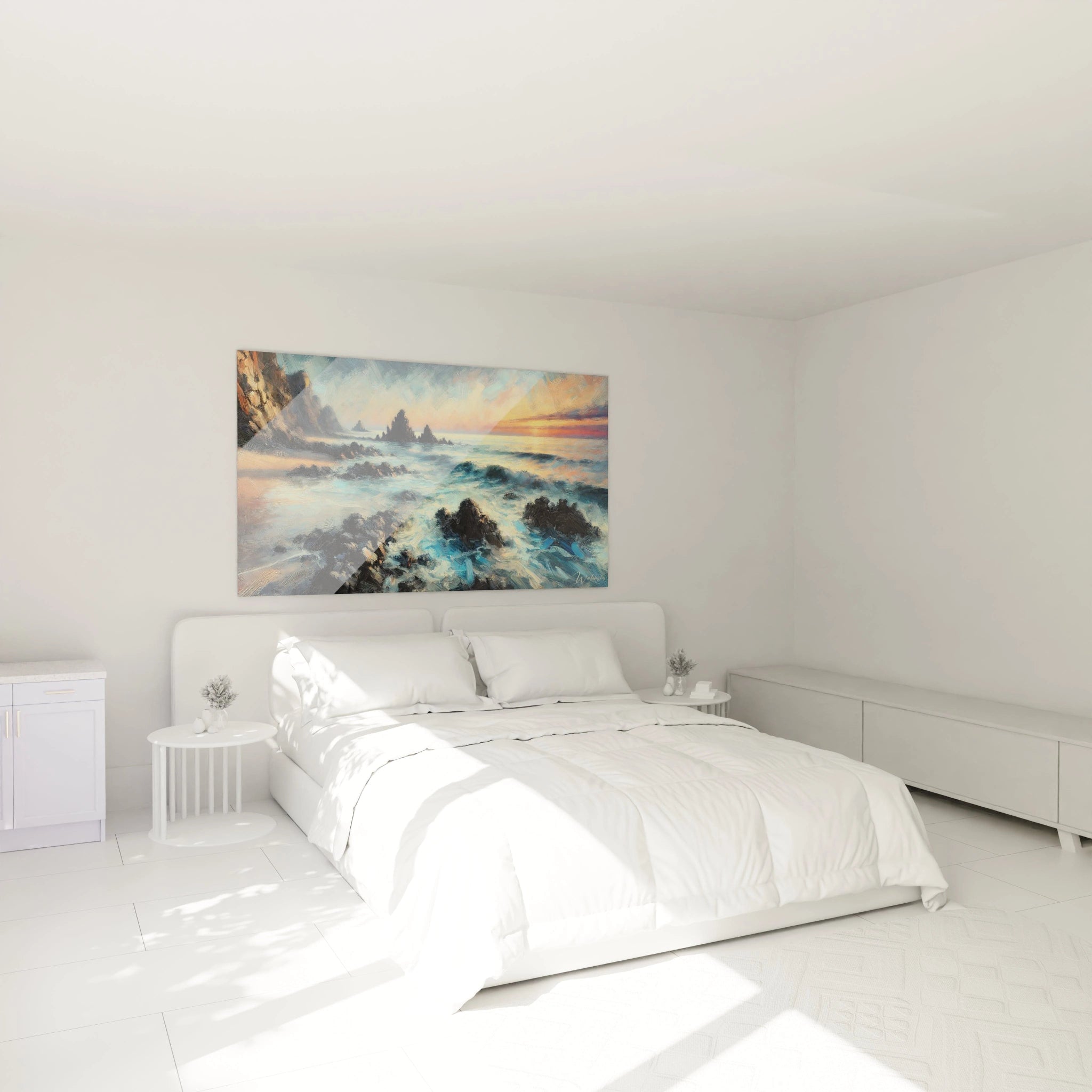 Ce tableau Mer embellit votre chambre, accroché au-dessus du lit. Il évoque l'énergie des vagues au coucher de soleil, créant une ambiance apaisante et dynamique.