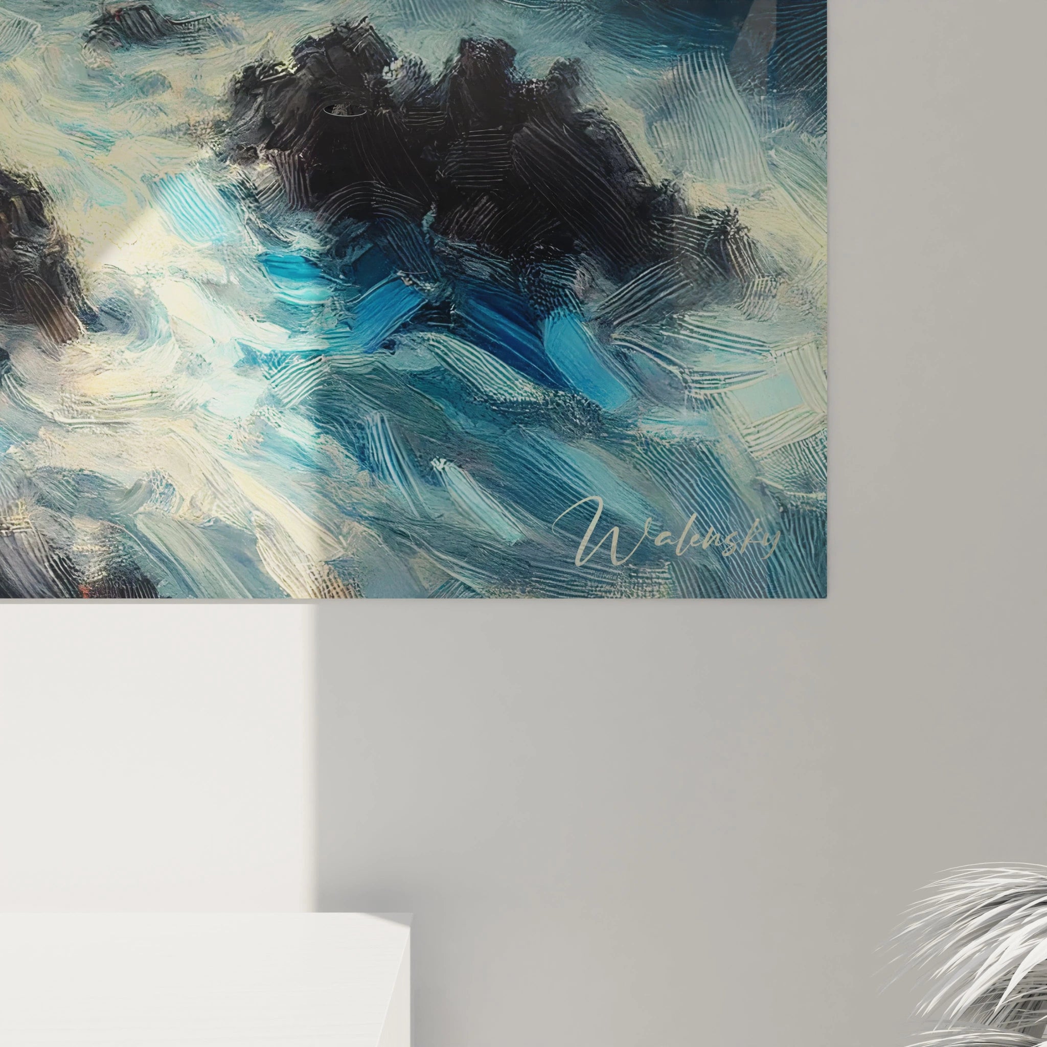 Admirez les détails de ce tableau Mer en vue de près. Les coups de pinceau fluides et l'éclat lumineux évoquent la puissance et la beauté de l'océan au crépuscule.