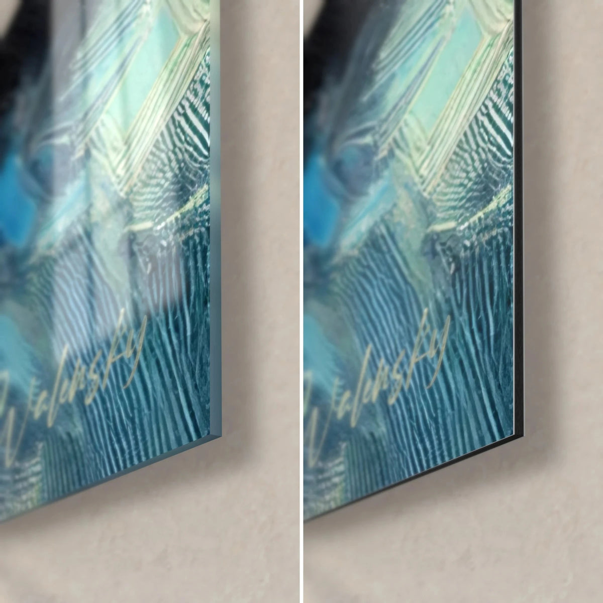 Gemälde Ozean mit Spachteltechnik, glänzende türkise und tiefblaue Reflexe, untere rechte Ecke, Glas mit Hochglanz und mattes Dibond