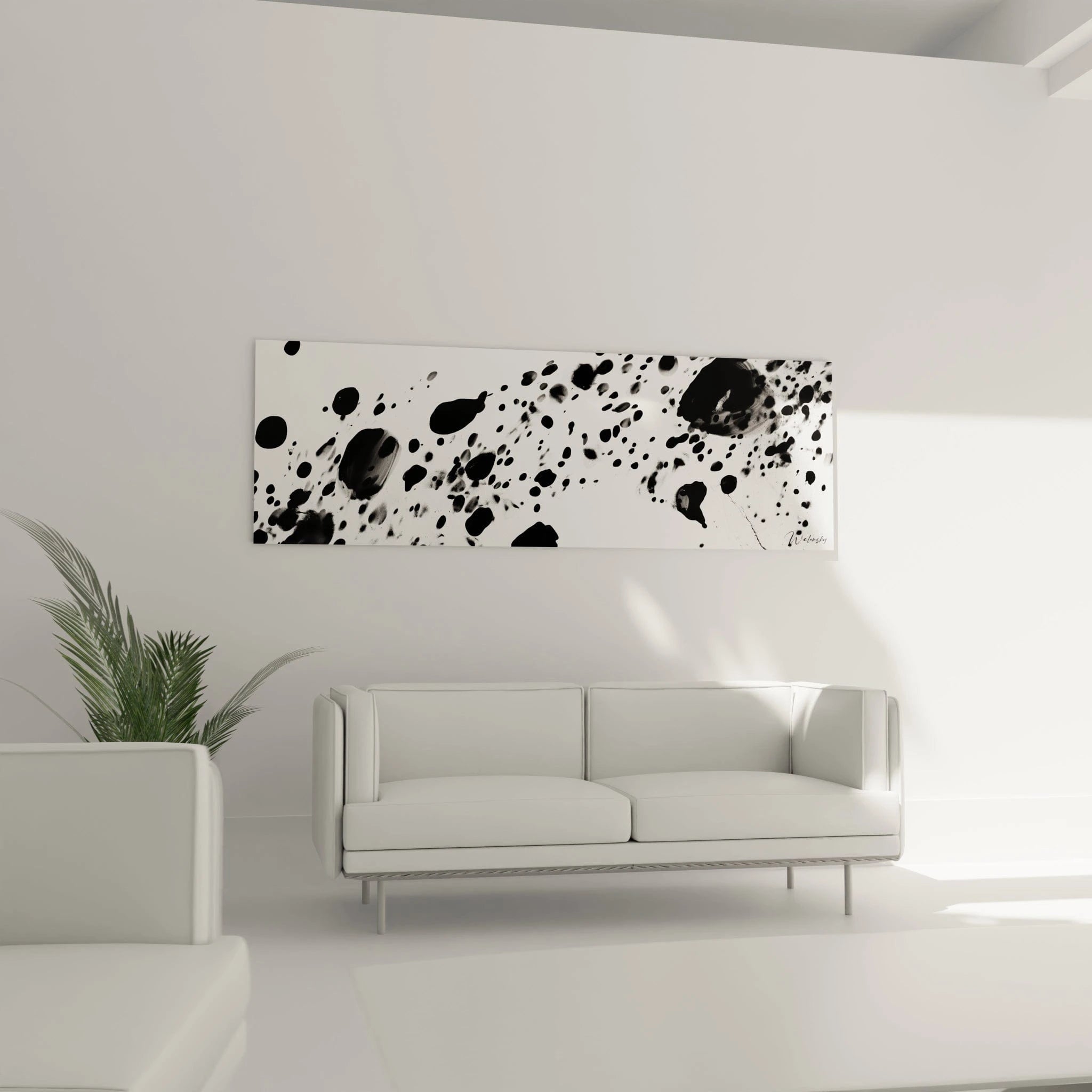 Tableau noir et blanc tacheté de Walensky, parfait pour décorer un salon moderne