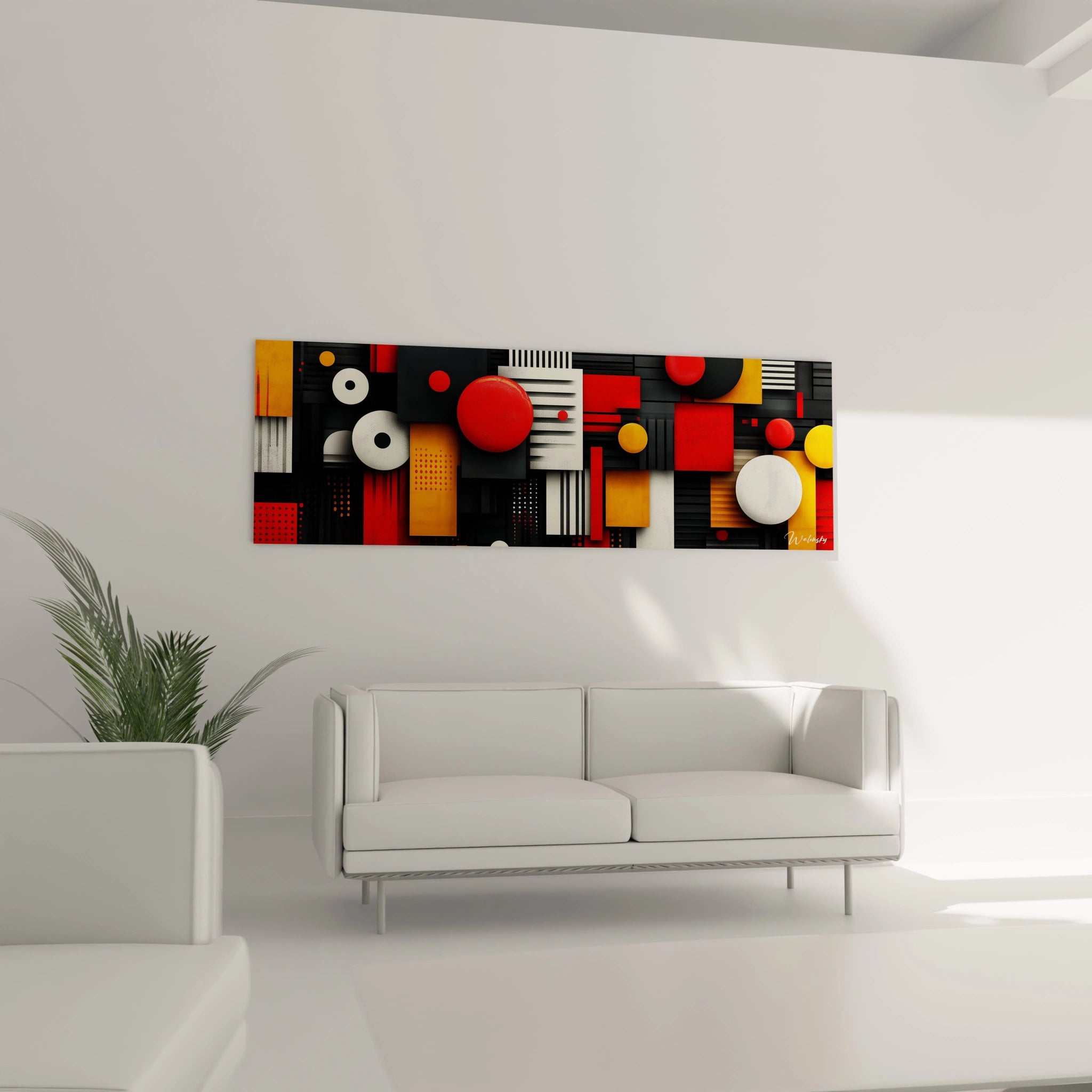 Tableau géométrique abstrait de Walensky avec des formes rouges, noires et blanches pour décoration moderne
