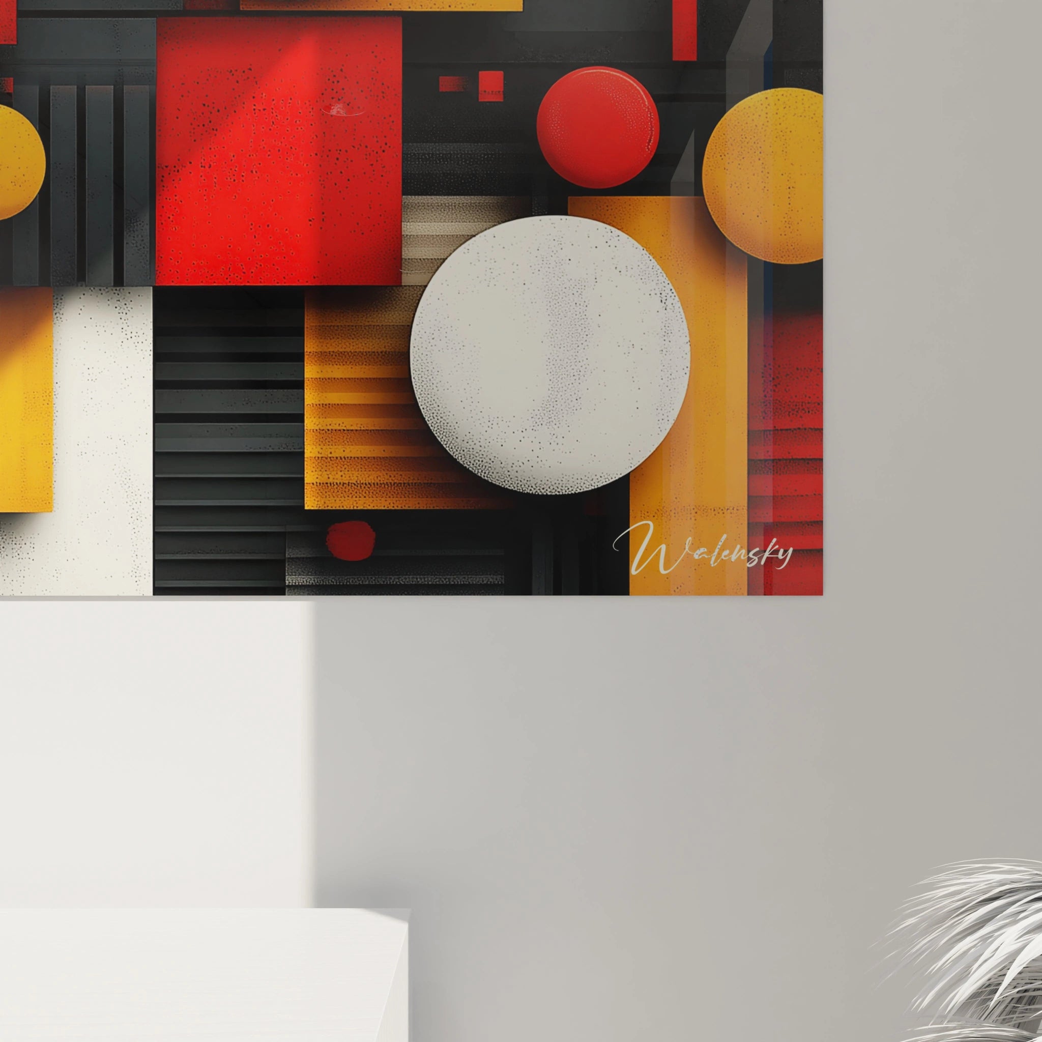 Tableau géométrique abstrait de Walensky avec des formes rouges, jaunes et blanches sur fond noir