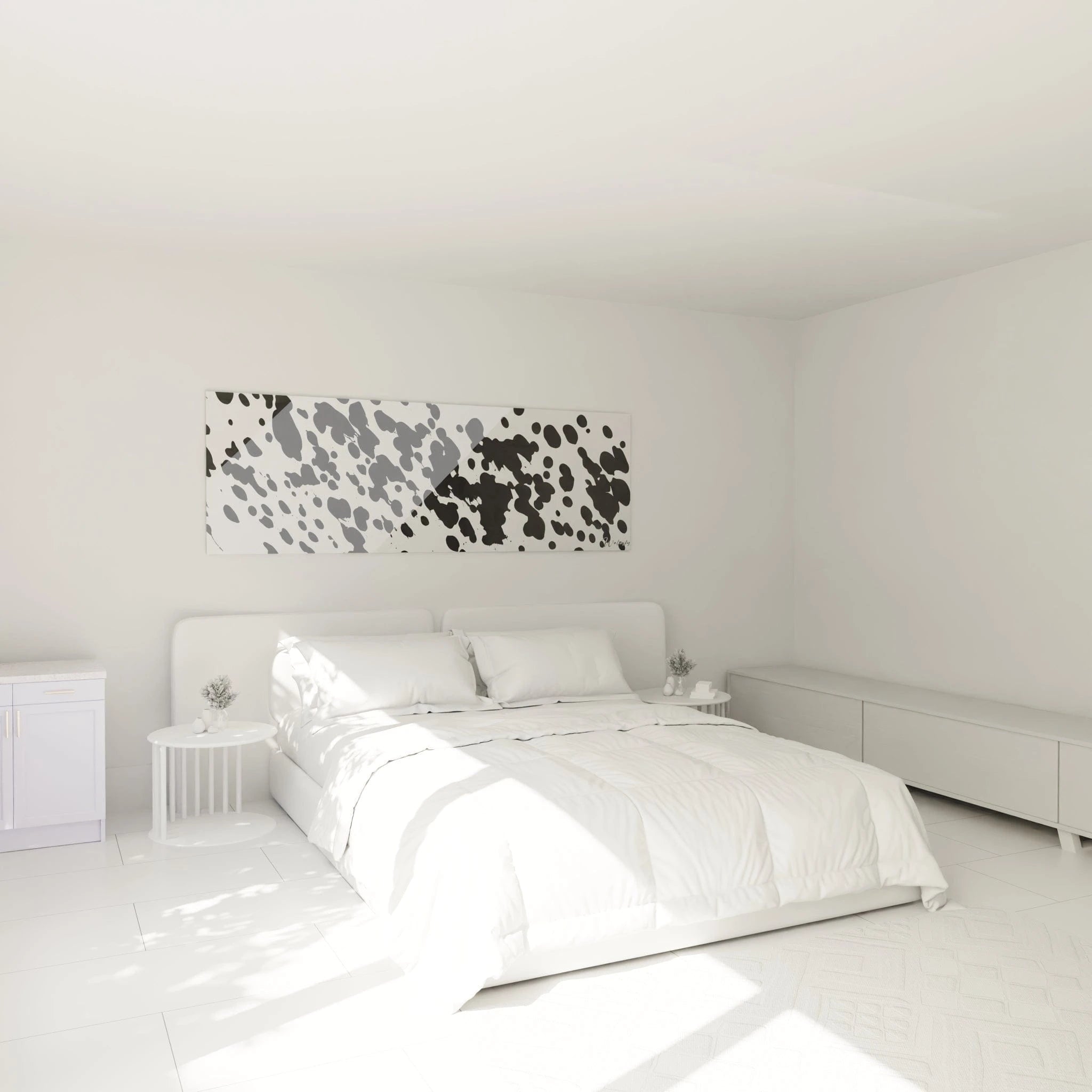 Tableau tacheté noir et blanc de Walensky pour ajouter une touche moderne à une chambre lumineuse