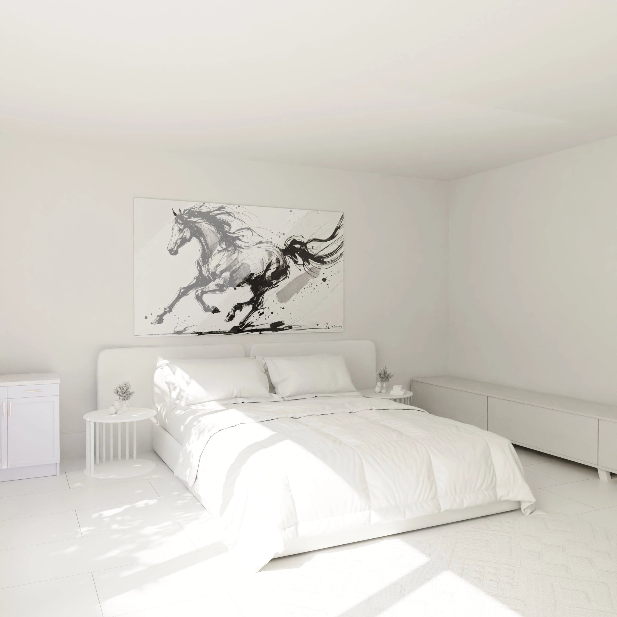 Accroché au mur au-dessus du lit, ce tableau cheval apporte une touche de dynamisme et d'élégance à la chambre. Son design minimaliste en noir et gris crée un contraste subtil avec le décor intérieur.