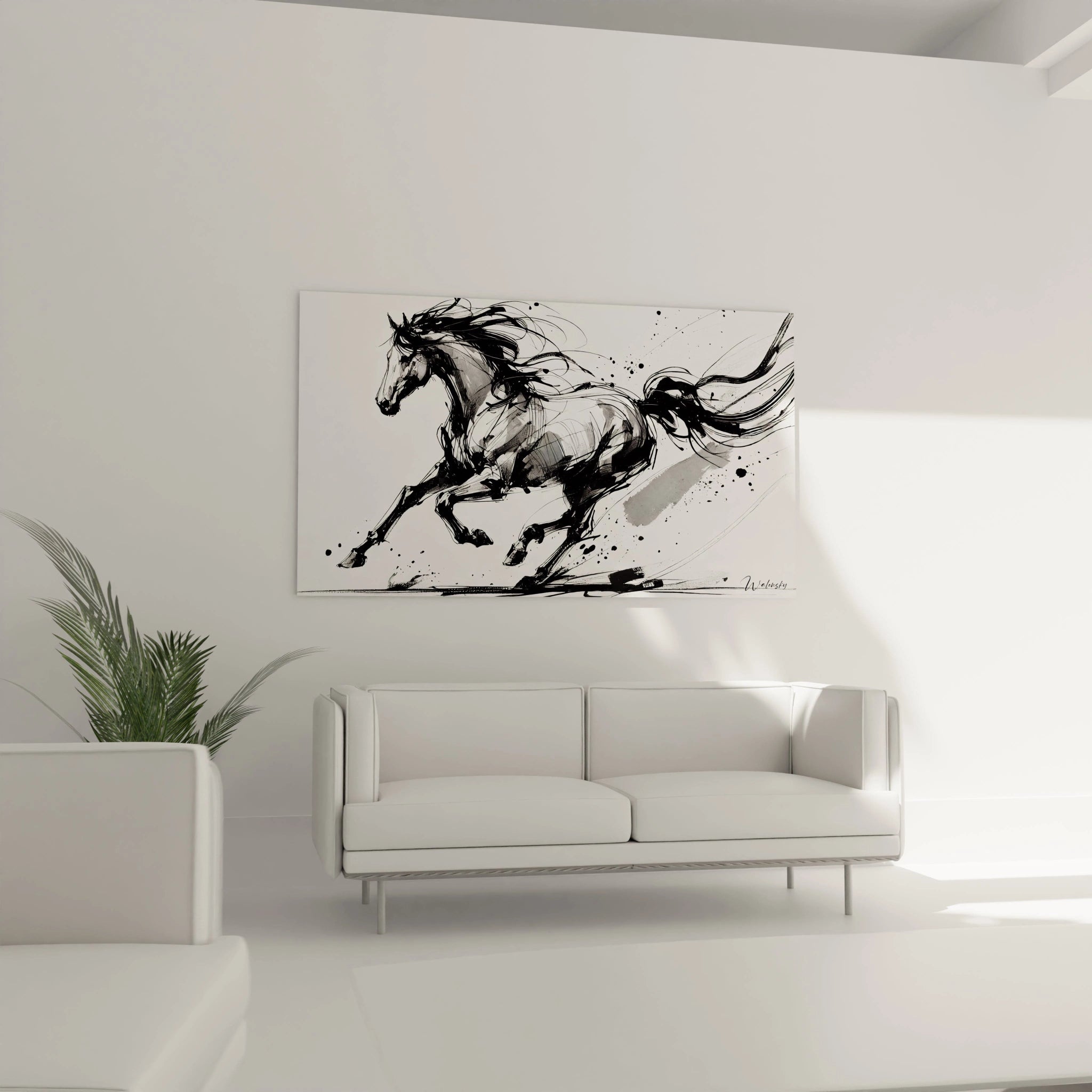 Ce tableau cheval, placé au-dessus du canapé dans le salon, devient le centre d'attention. L'abstraction des traits souligne la vitesse et la force du cheval, ajoutant du caractère à la pièce.