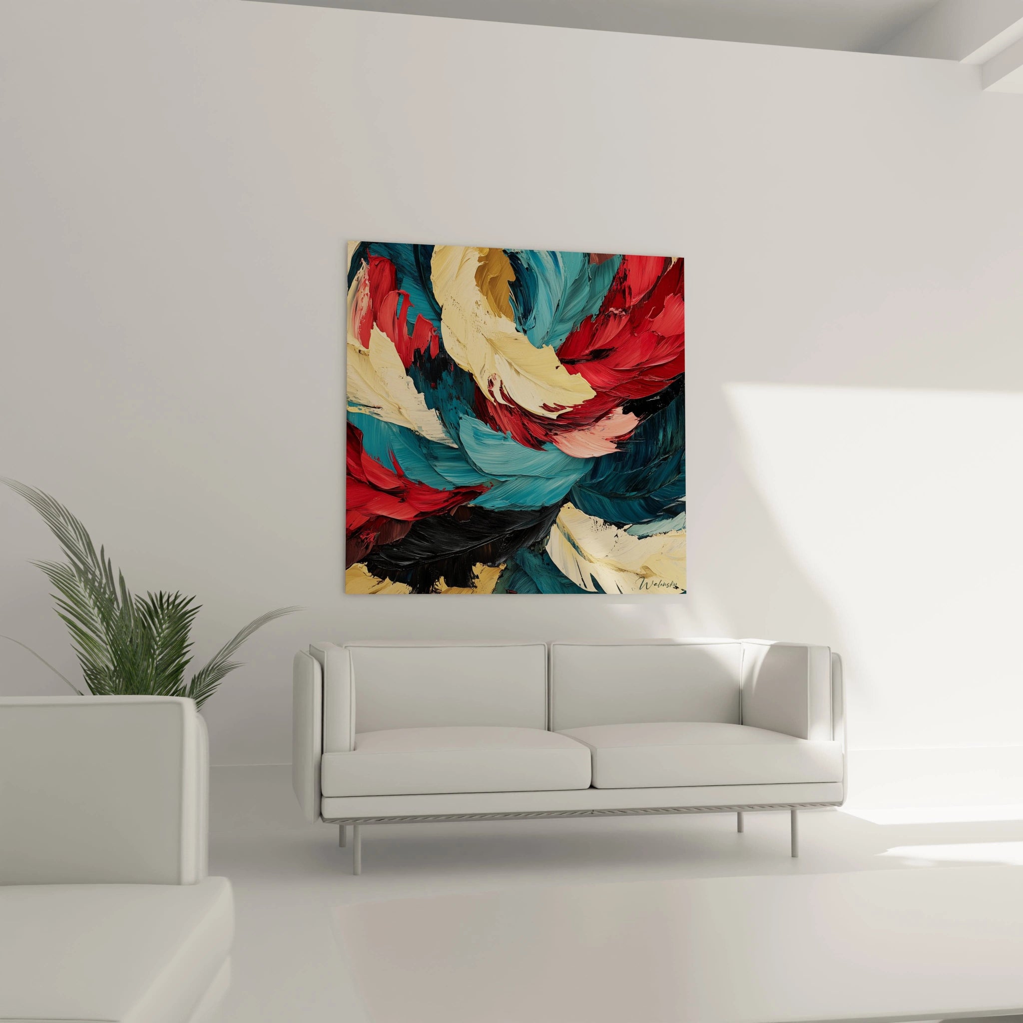 Tableau de peinture abstraite de Walensky avec des nuances de bleu, rouge et jaune, décor moderne