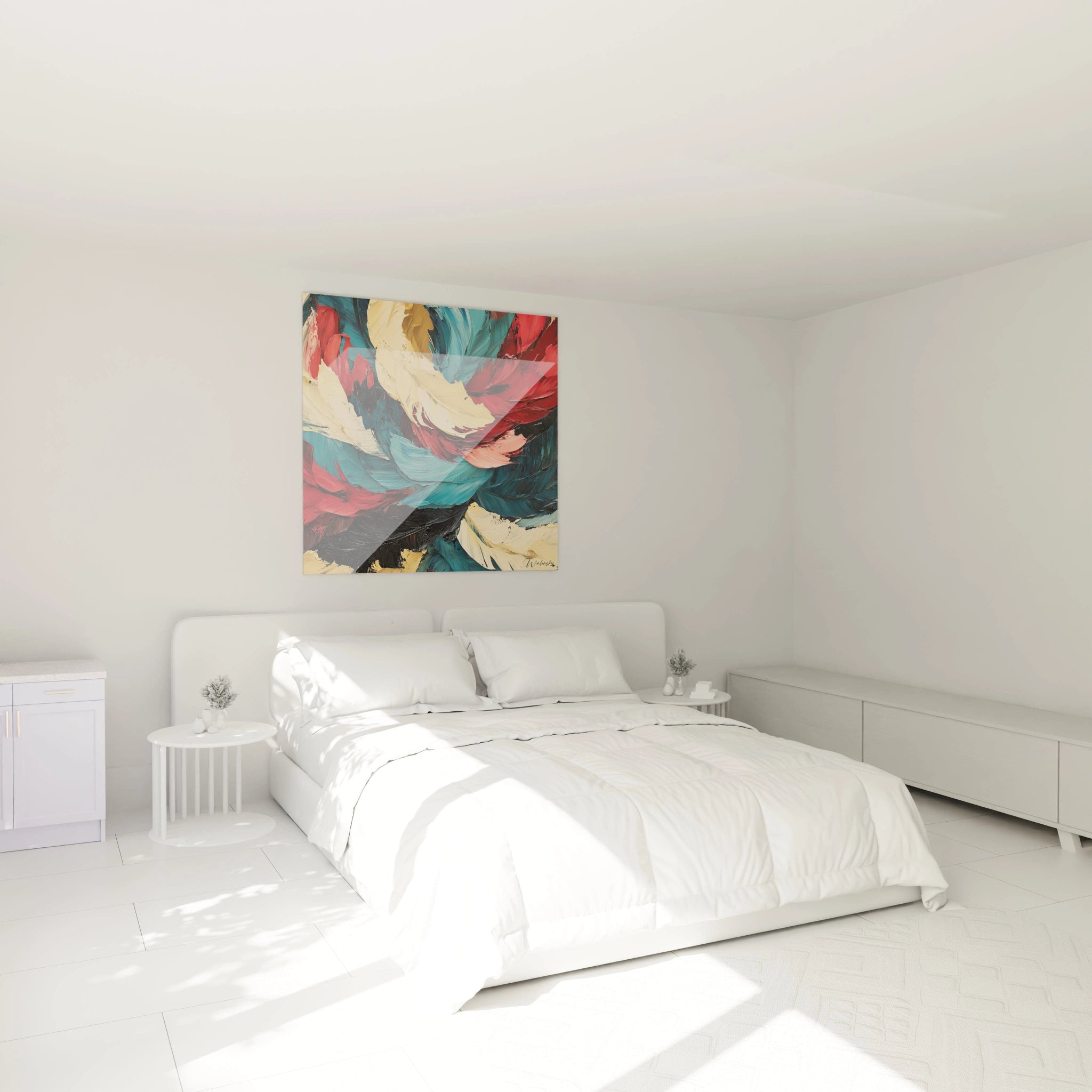 Tableau de peinture abstrait Walensky coloré au-dessus d'un lit moderne dans une chambre lumineuse