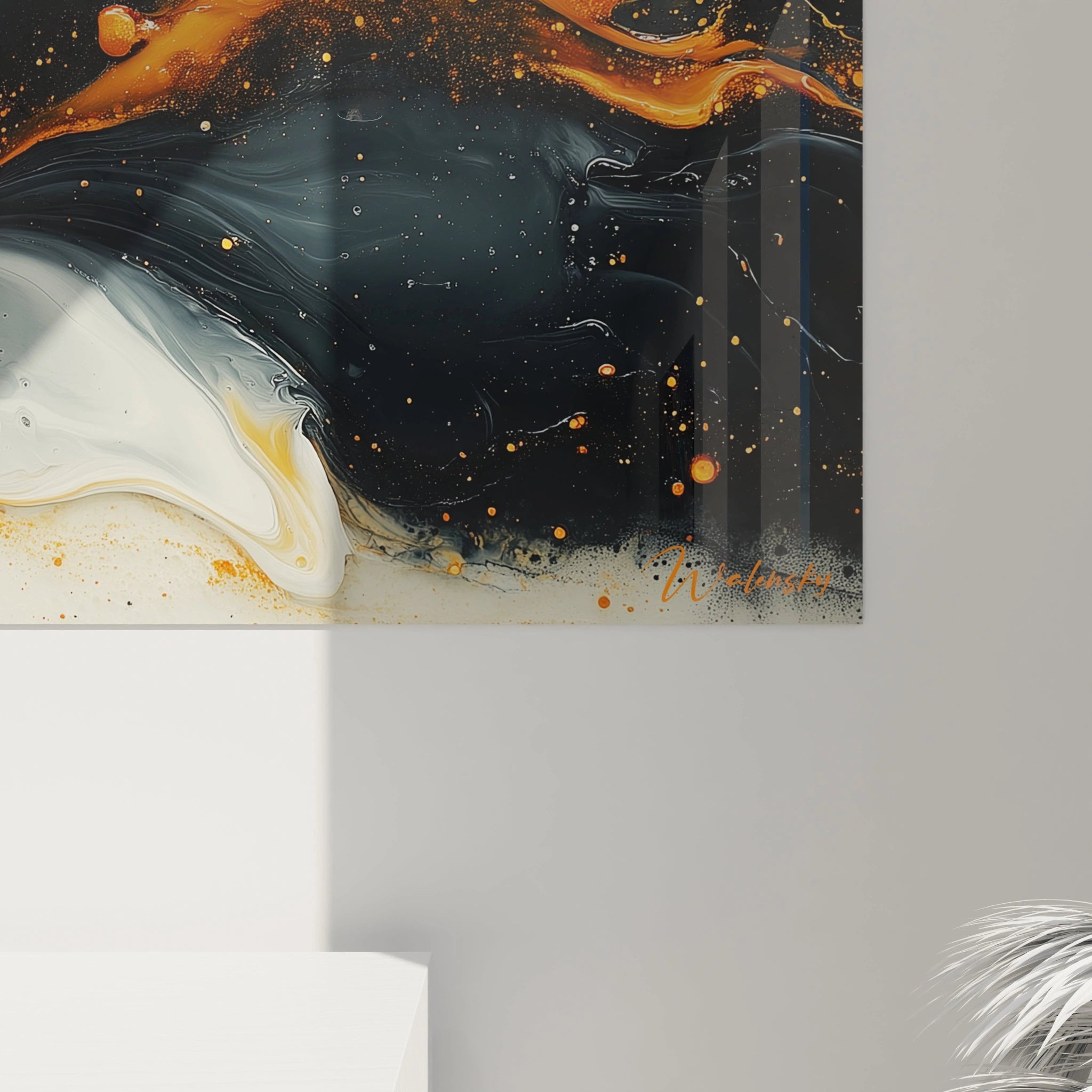 Tableau moderne abstrait de Walensky avec des nuances noires, oranges et blanches pour une décoration contemporaine