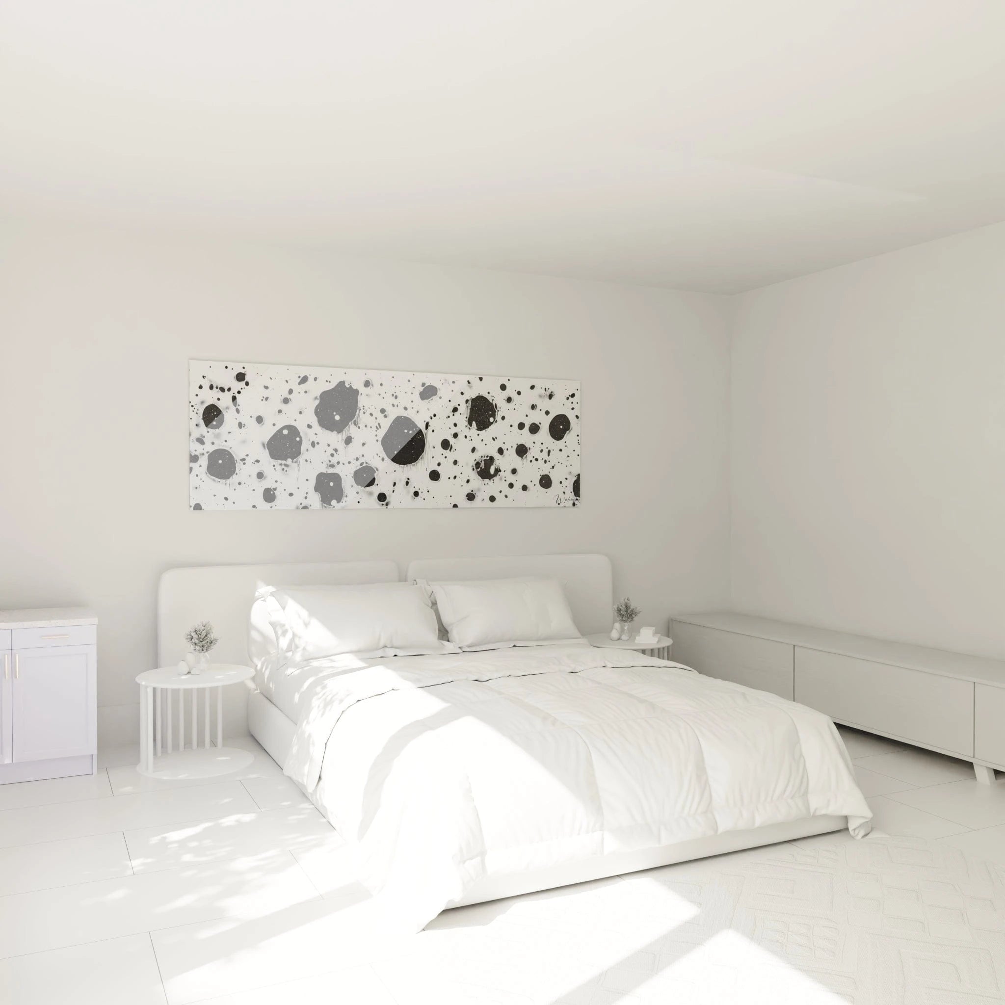 Tableau tacheté noir et blanc de Walensky sur le mur d'une chambre moderne et lumineuse