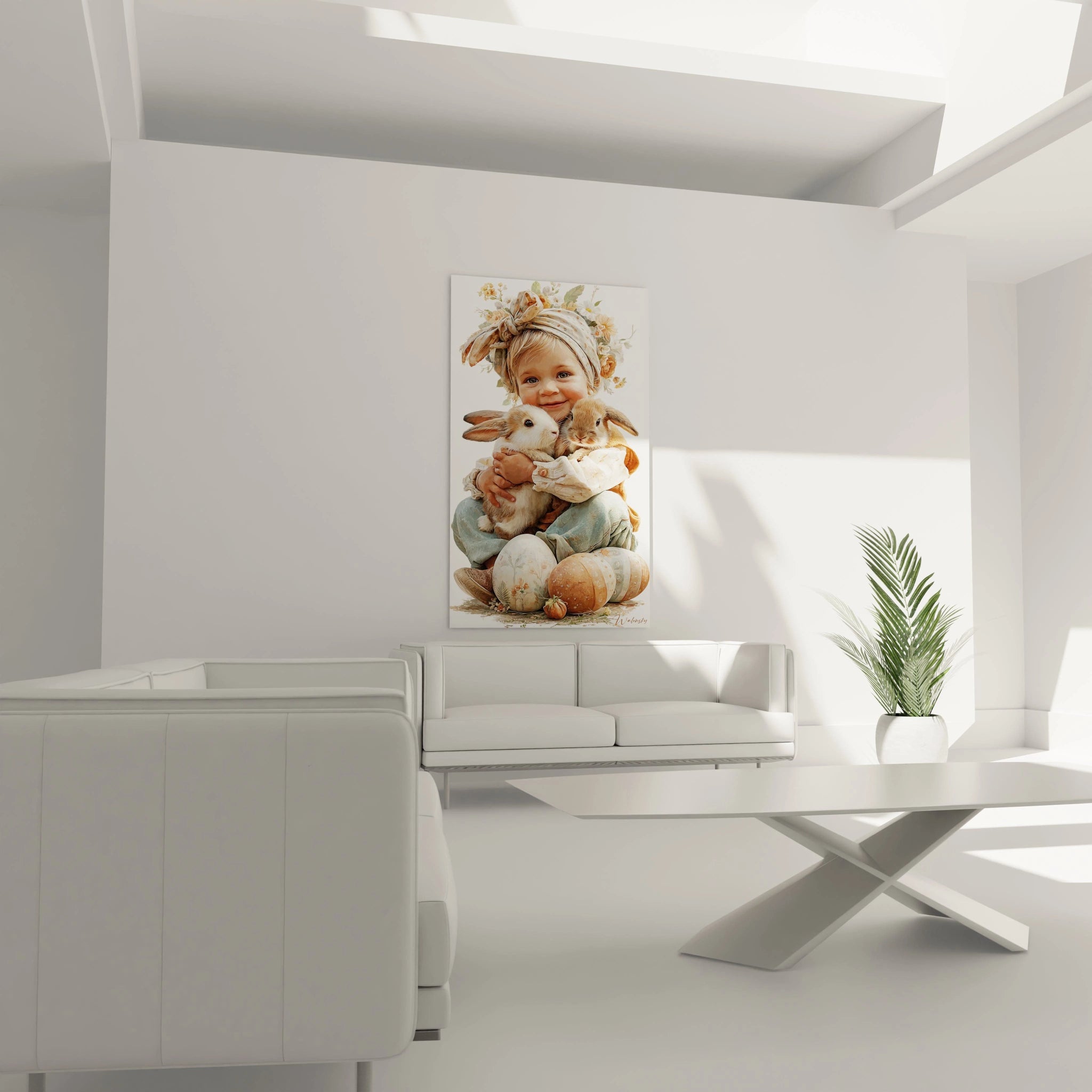 tableau enfant pâques Walensky accroché dans un salon moderne montrant un enfant tenant un lapin et des oeufs pastel