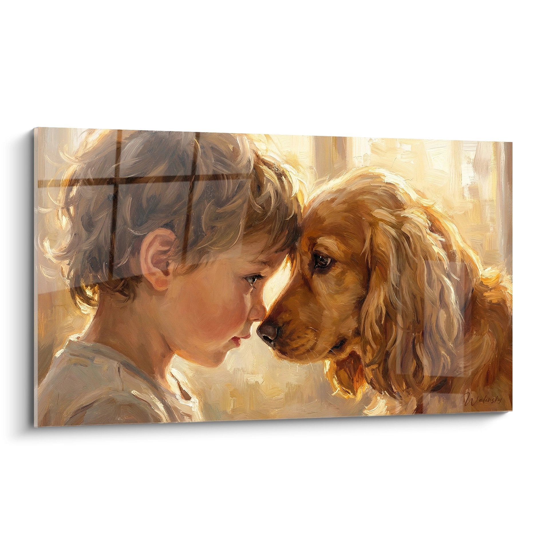 Tableau tendre enfant aux cheveux bouclés et cocker anglais roux tons dorés lumière naturelle