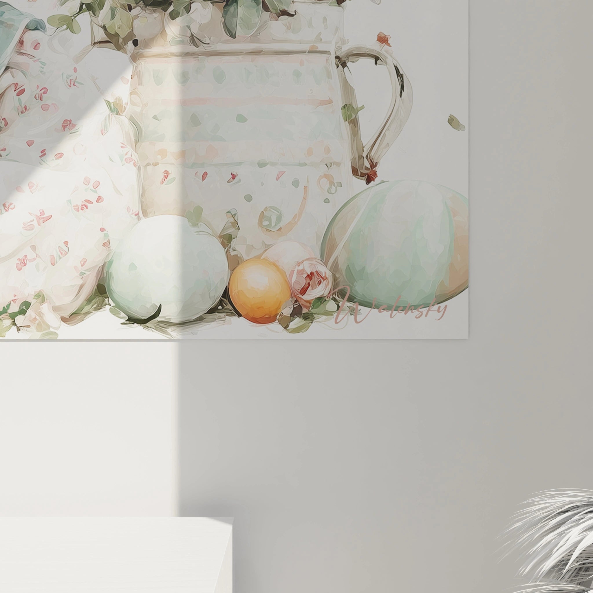 tableau enfant lapin Pâques avec oeufs pastel, cruche vintage, fleurs et tissu imprimé