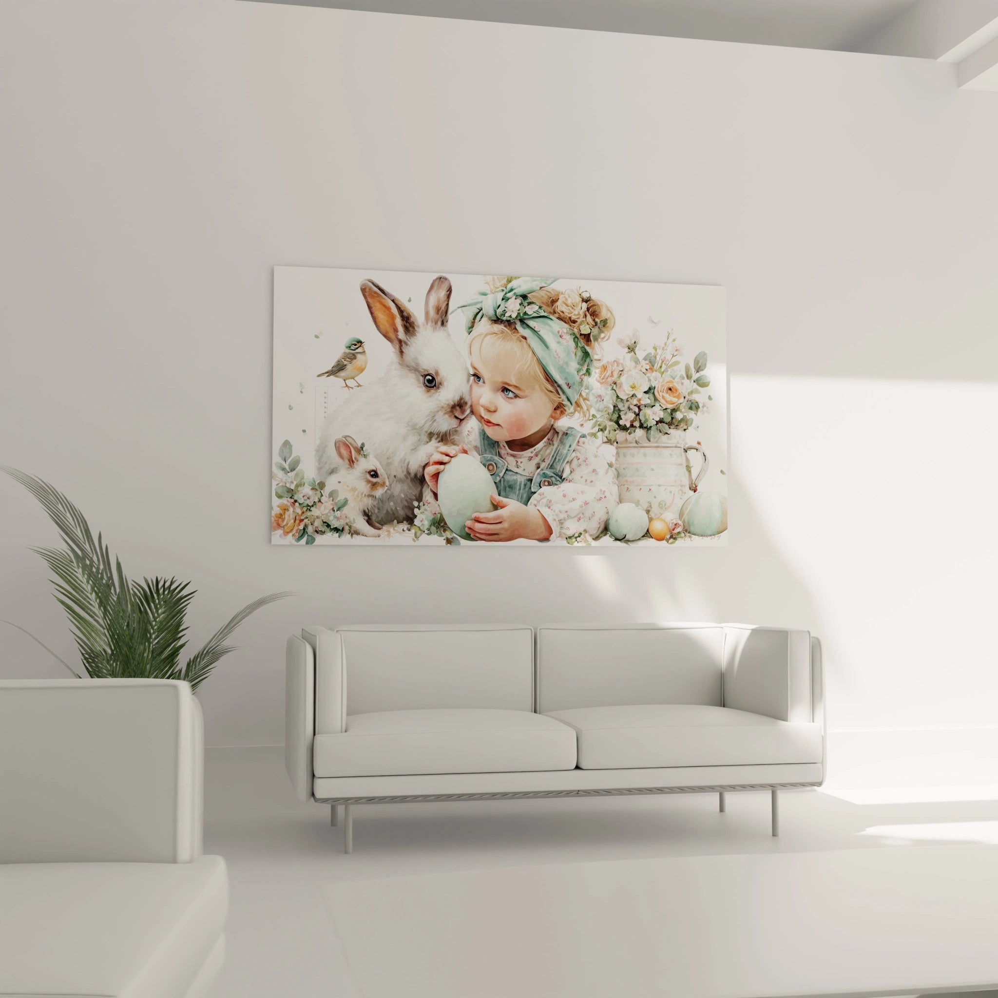 Walensky tableau enfant lapin Pâques toile murale décorative fille avec lapins et oeufs pastel au dessus d un canapé