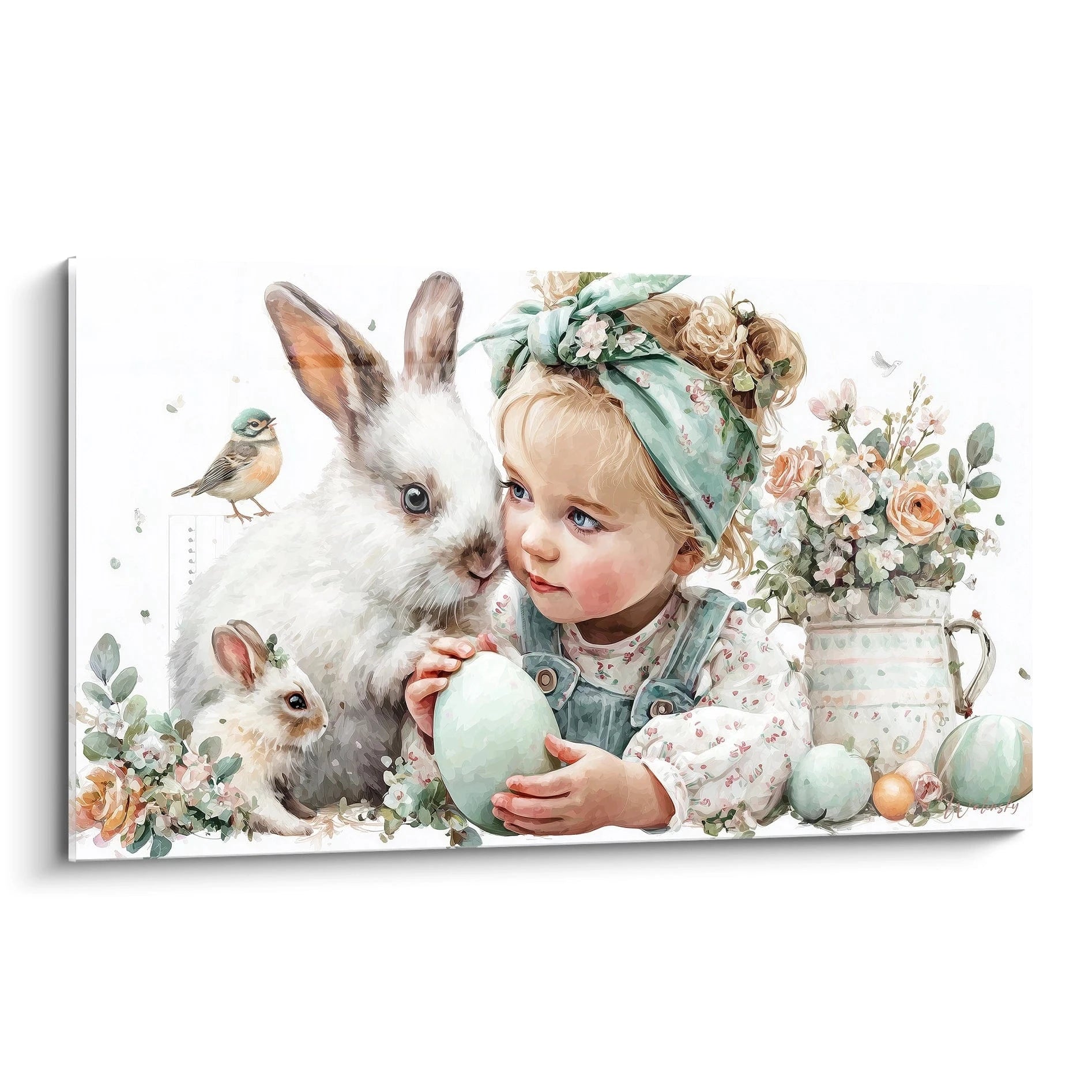 tableau enfant lapin Pâques toile murale décorative montrant fillette tenant un oeuf vert avec lapins oiseaux et fleurs pastel