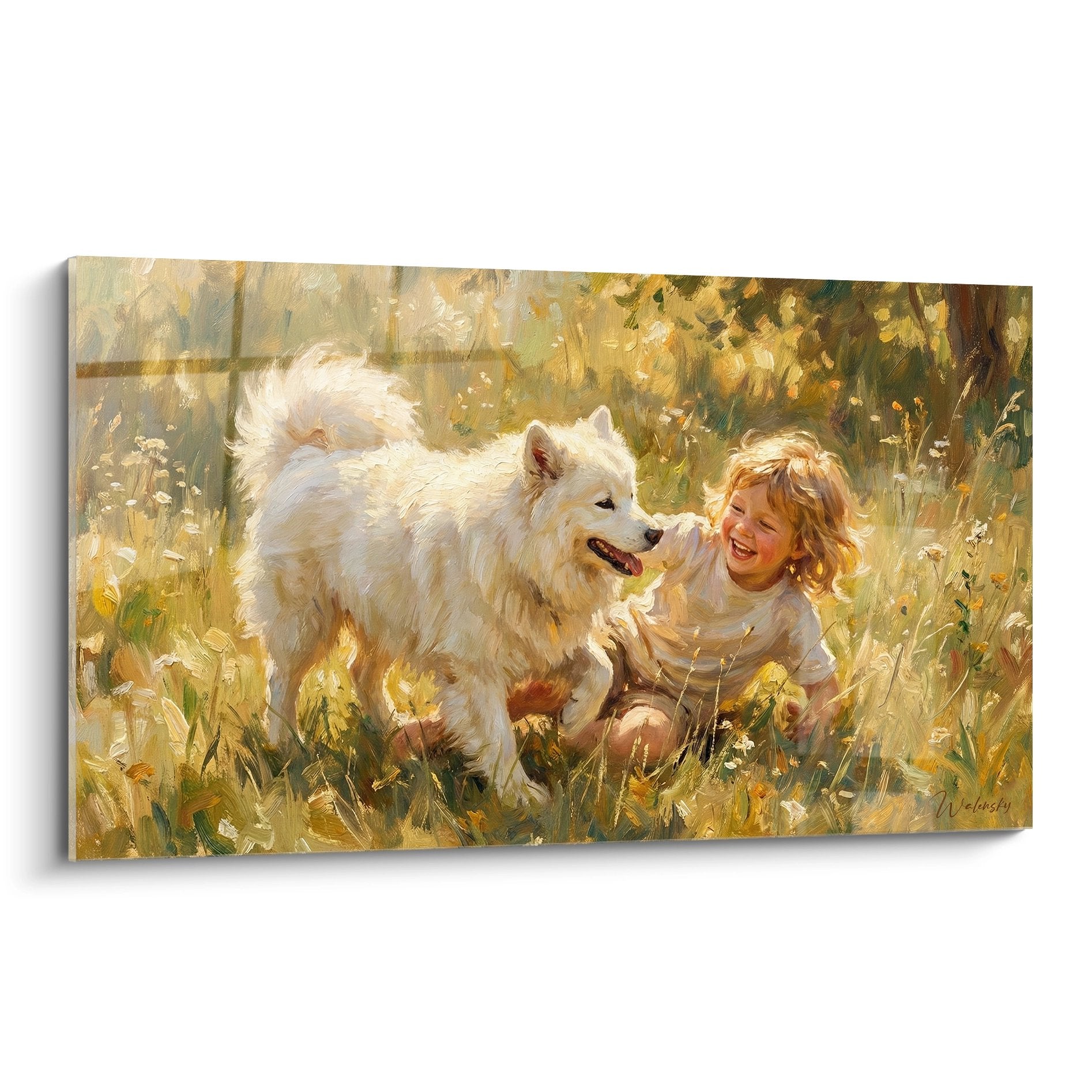 Tableau enfant jouant avec chien samoyede blanc dans prairie doree lumiere chaude ambiance champetre