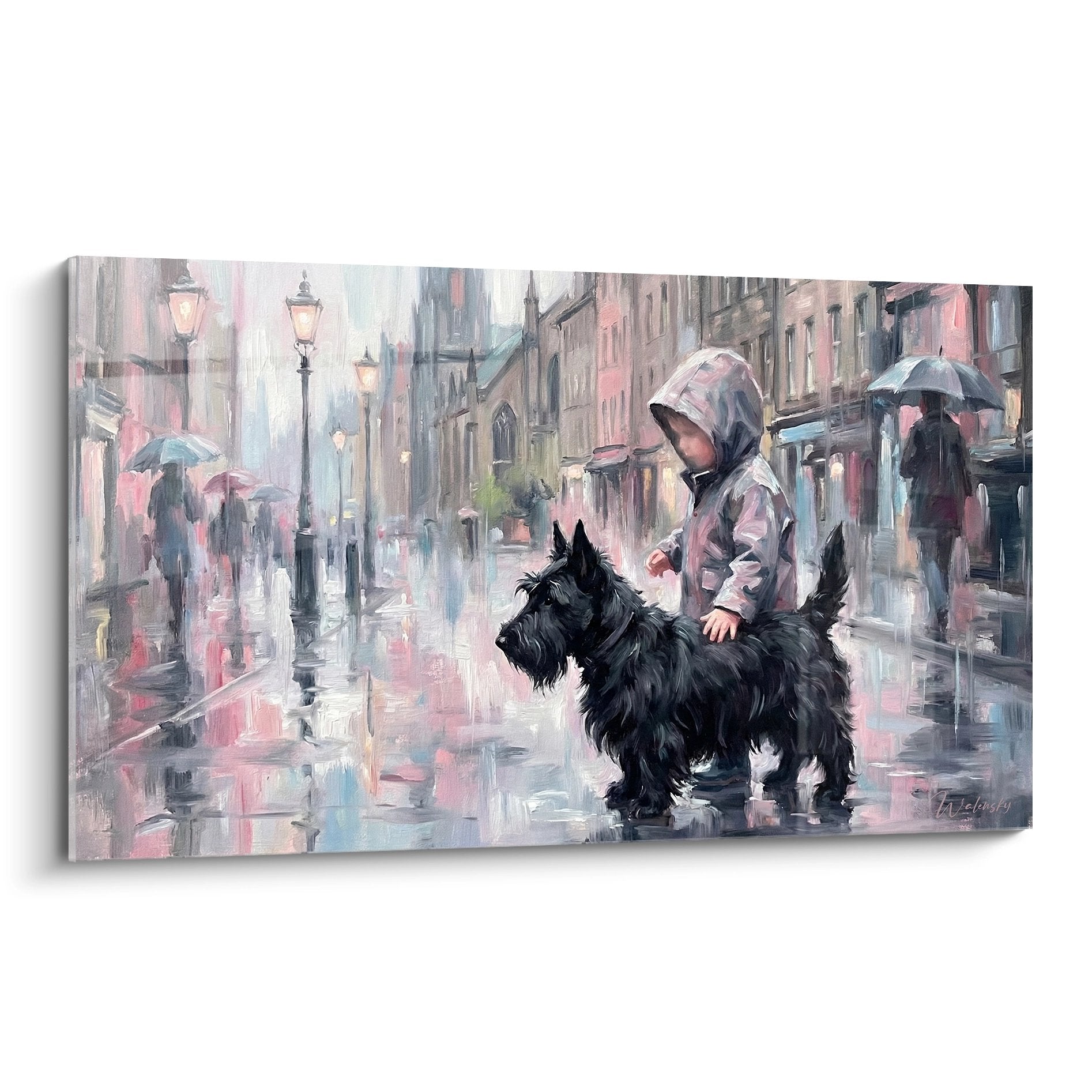 Tableau enfant au capuchon rose avec Scottish Terrier noir sous la pluie dans rue urbaine aux tons roses et gris