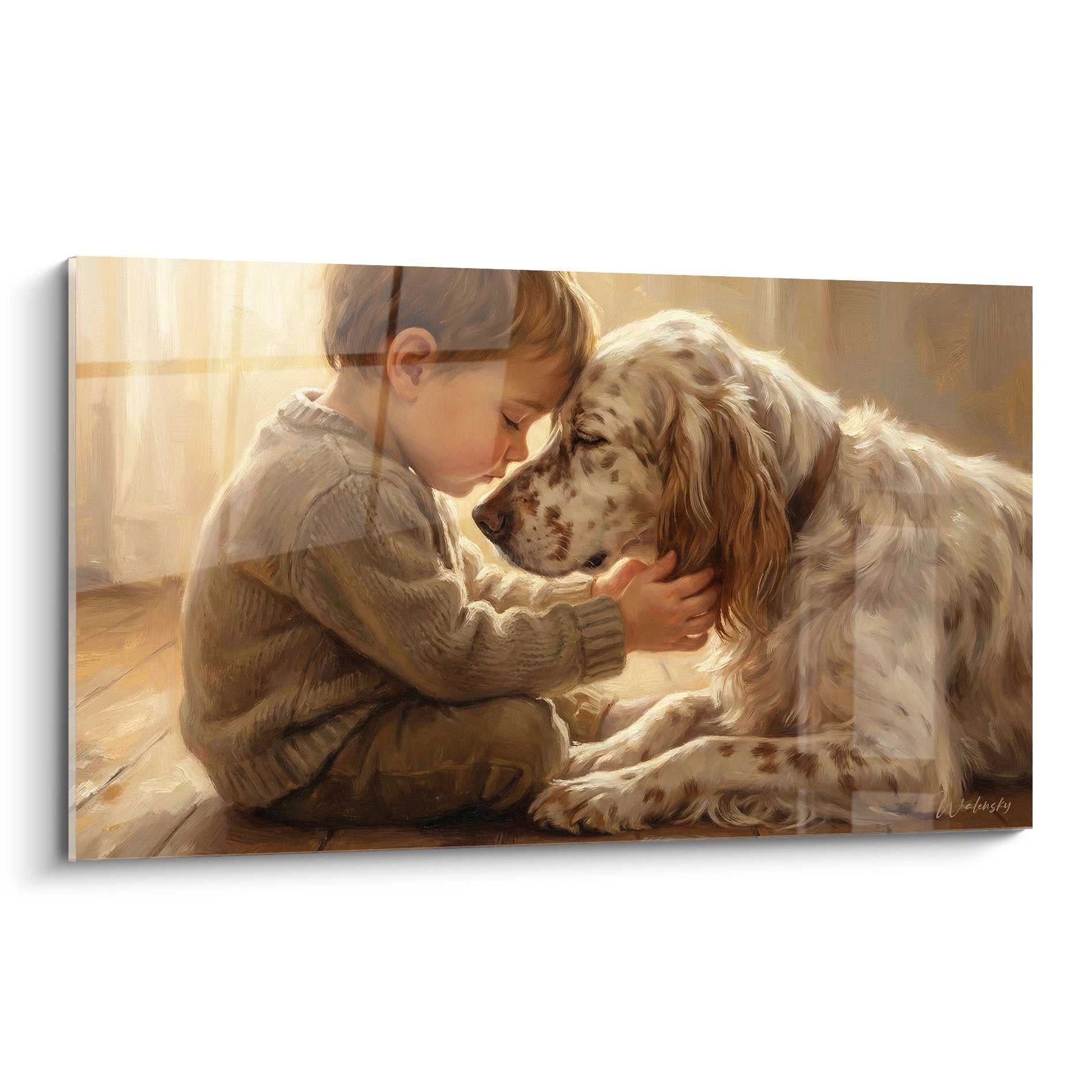 Kinderbild englischer Setter in Goldtönen Zärtlichkeitsszene Vertrautheit Hund Kind Strickwaren Beige warmes Licht