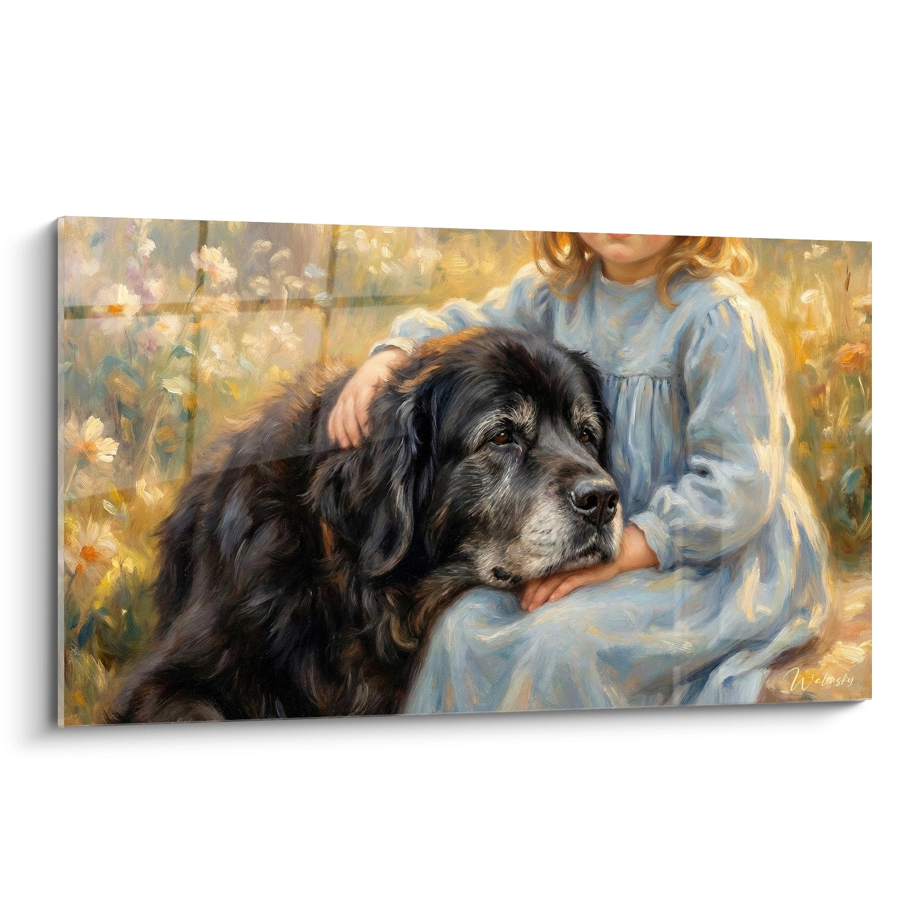 Tableau représentant un enfant en robe bleue câlinant tendrement un Terre Neuve noir dans un jardin aux tons dorés