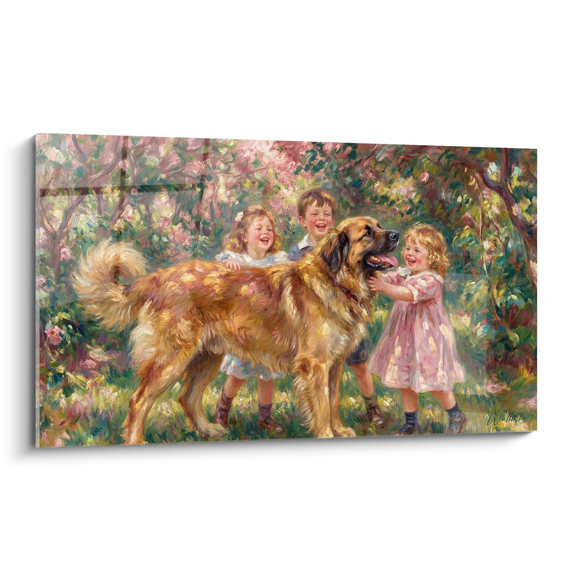 Tableau enfants jouant avec chien Leonberg jardin fleuri tons roses verts edition leonberg art mural