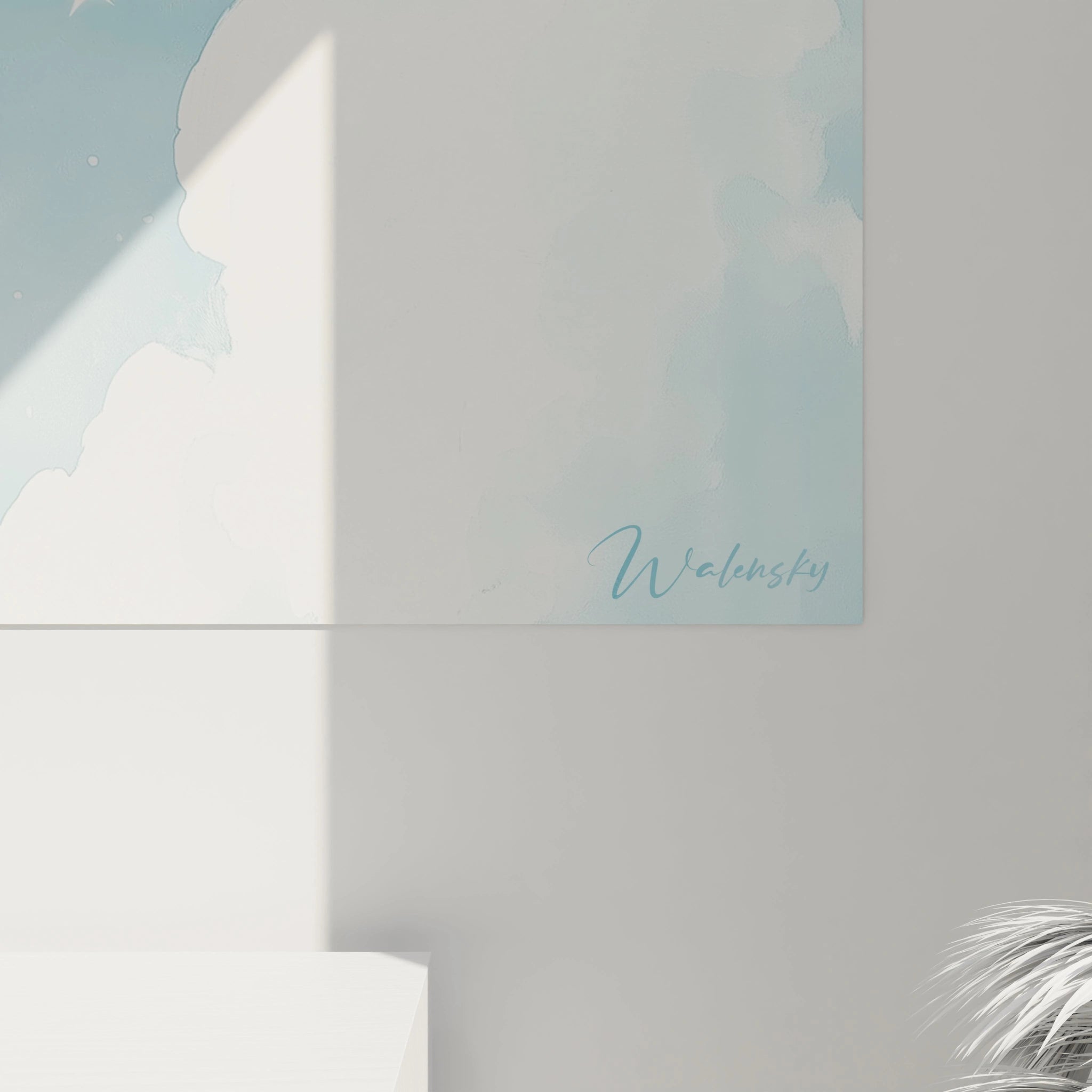 Un tableau enfant affichant un ballon flottant dans un ciel étoilé, avec un ours blanc dans un panier tressé, des nuages aux formes arrondies et un effet de peinture douce aux teintes pastel.