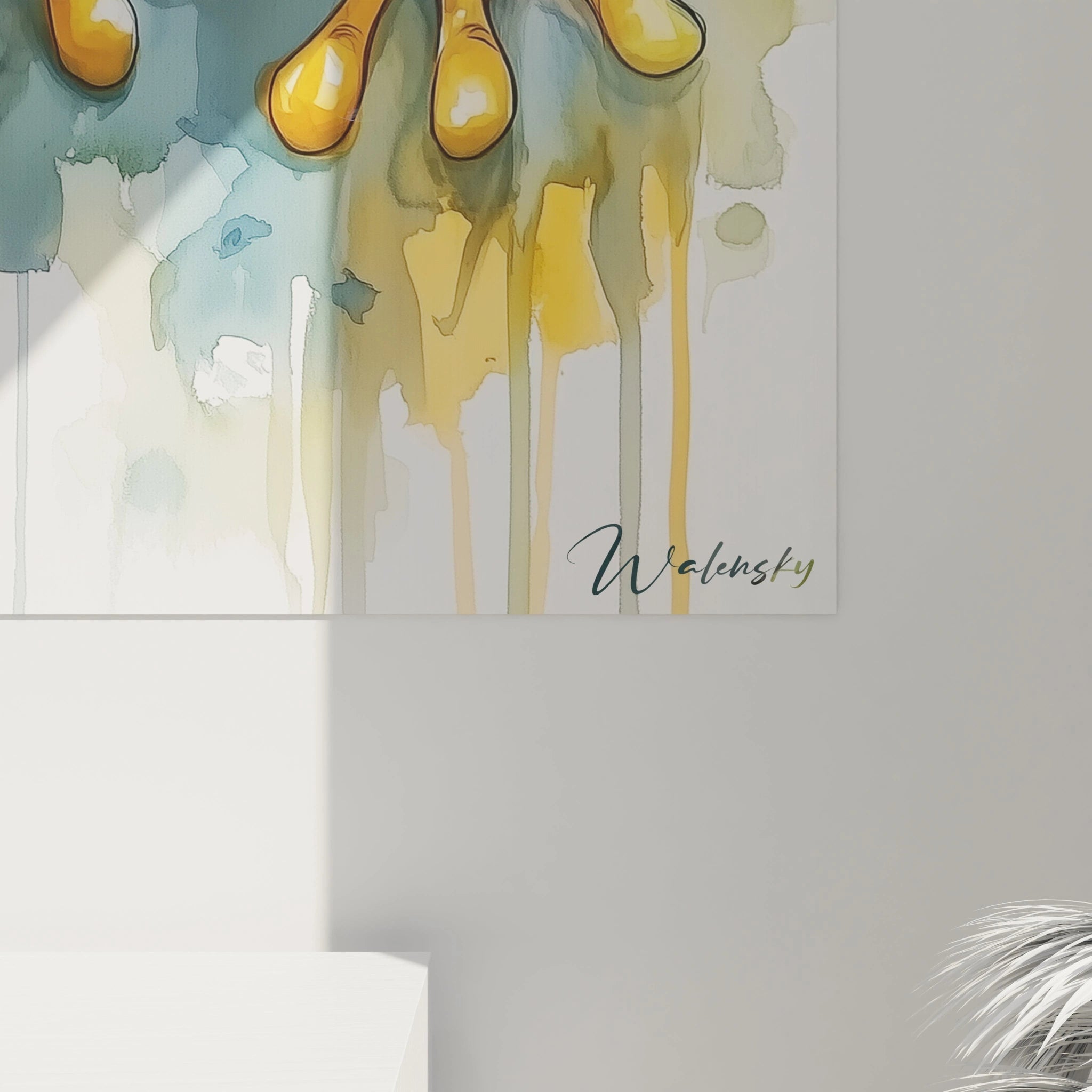 Ce tableau enfant présente une grenouille avec des yeux orange et un corps vert, accompagnée d'éclaboussures de peinture bleue et verte en arrière-plan. Les textures créent un effet de mouvement léger et fluide.