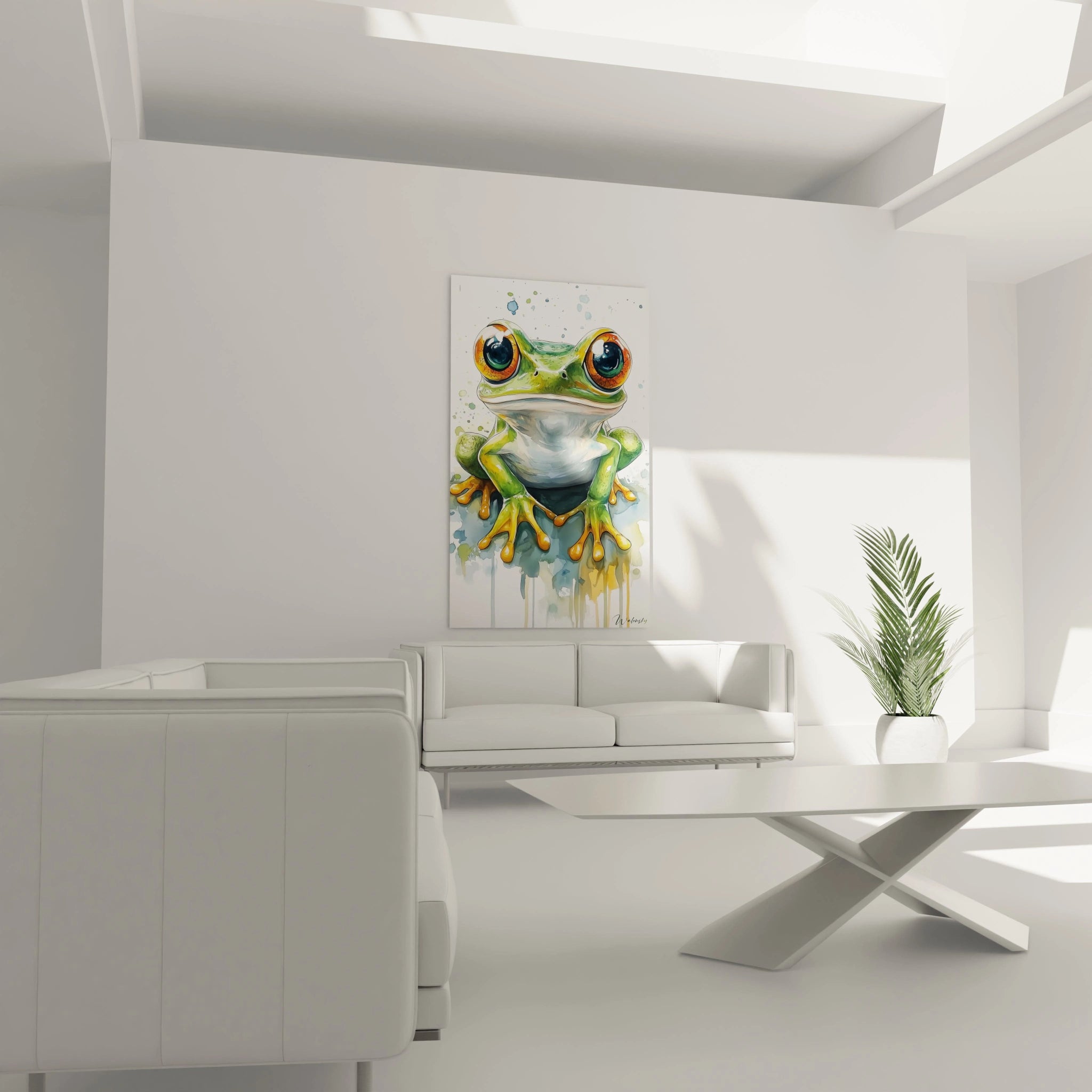 Un tableau enfant montrant une grenouille aux yeux orange, avec un corps vert et des pattes orange. Le fond est parsemé de couleurs bleues et vertes, créant une ambiance dynamique avec des touches de peinture éclatantes.