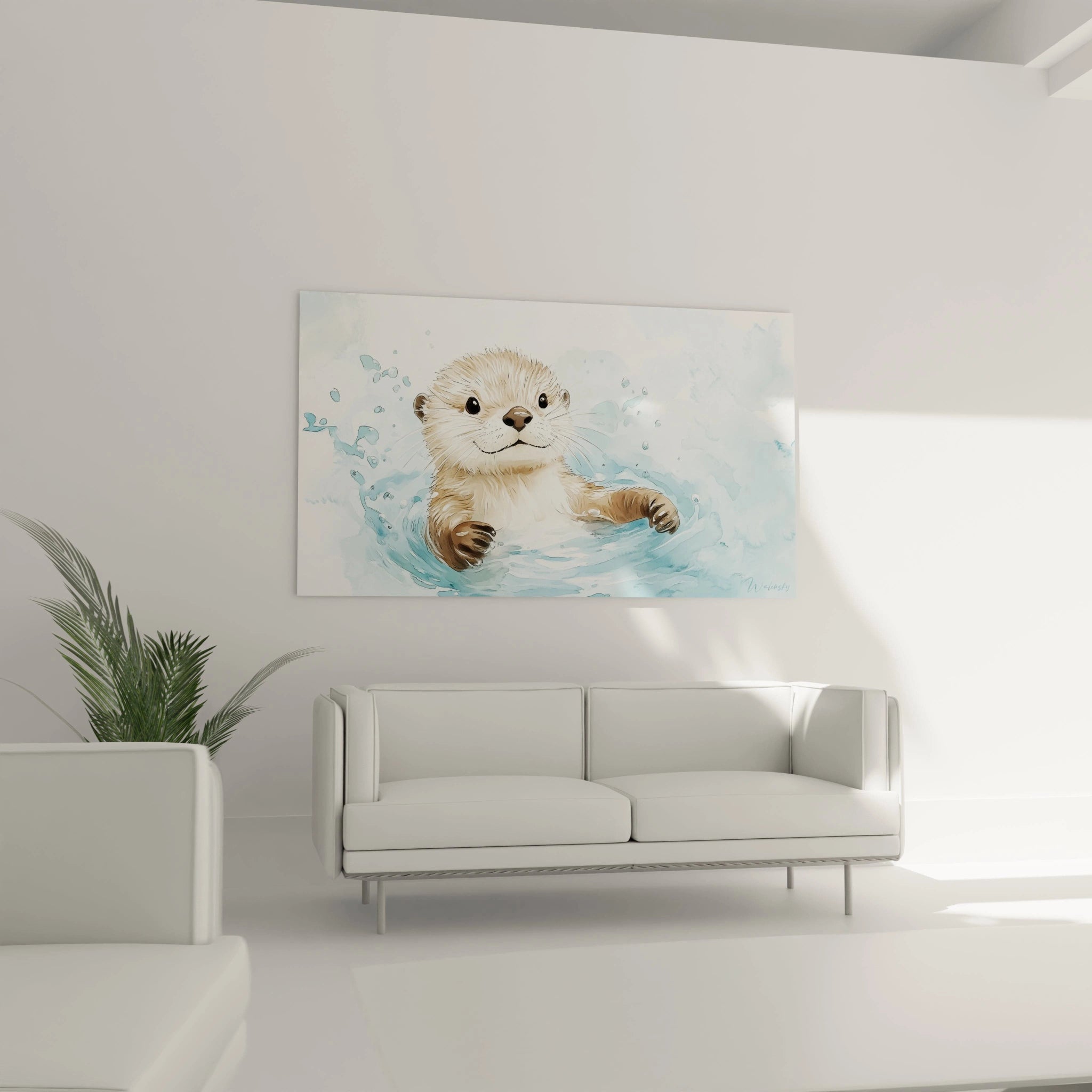Un tableau enfant mettant en scĂšne une loutre aux tons beige et marron, entourĂ©e dâeau aux nuances de bleu clair. La technique aquarelle adoucit les formes avec des transitions fluides.