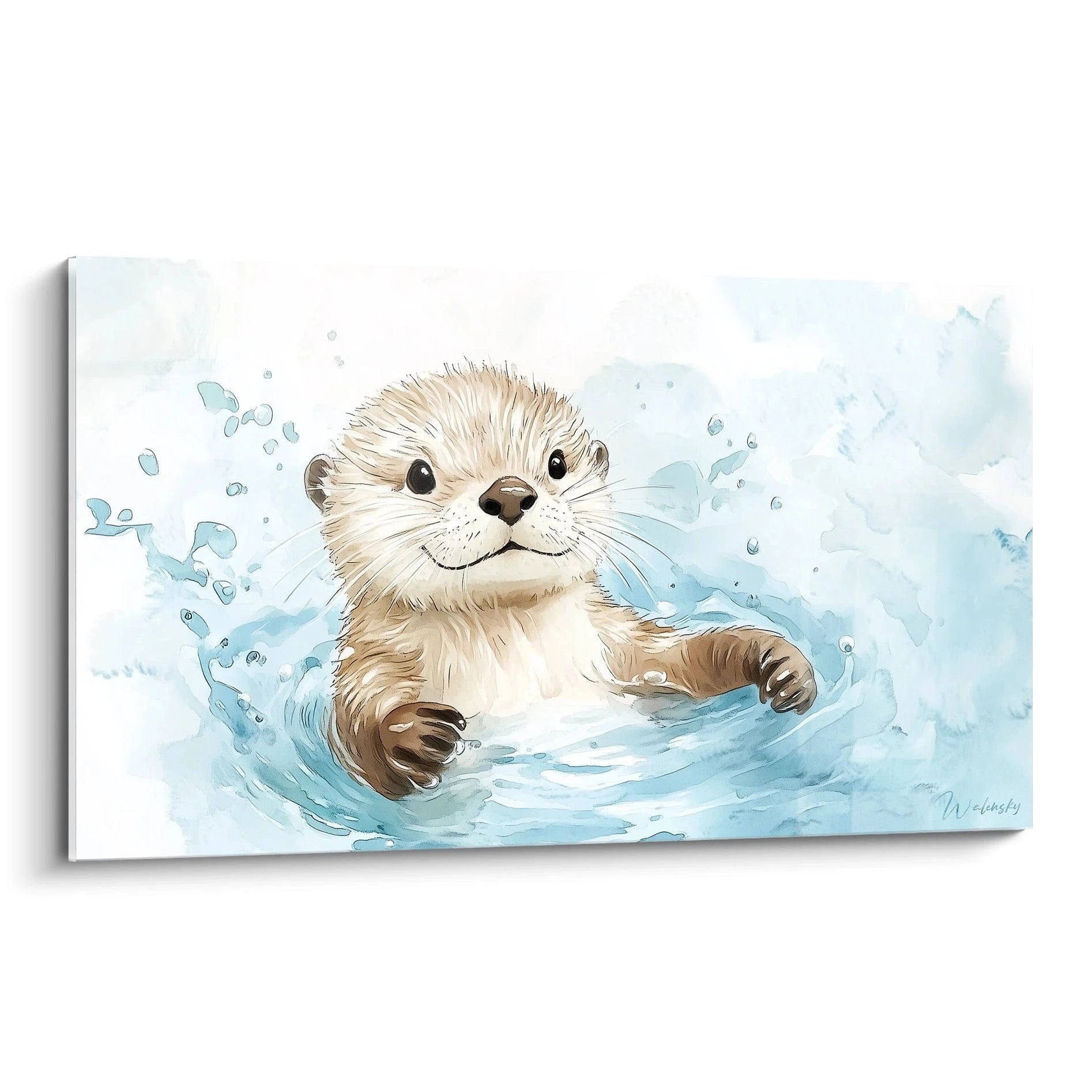 Un tableau enfant illustrant une loutre rĂ©aliste dans lâeau, avec des teintes marron, beige et bleu clair. Lâeffet aquarelle crĂ©e des contours doux et une texture fluide sur un fond estompĂ©.