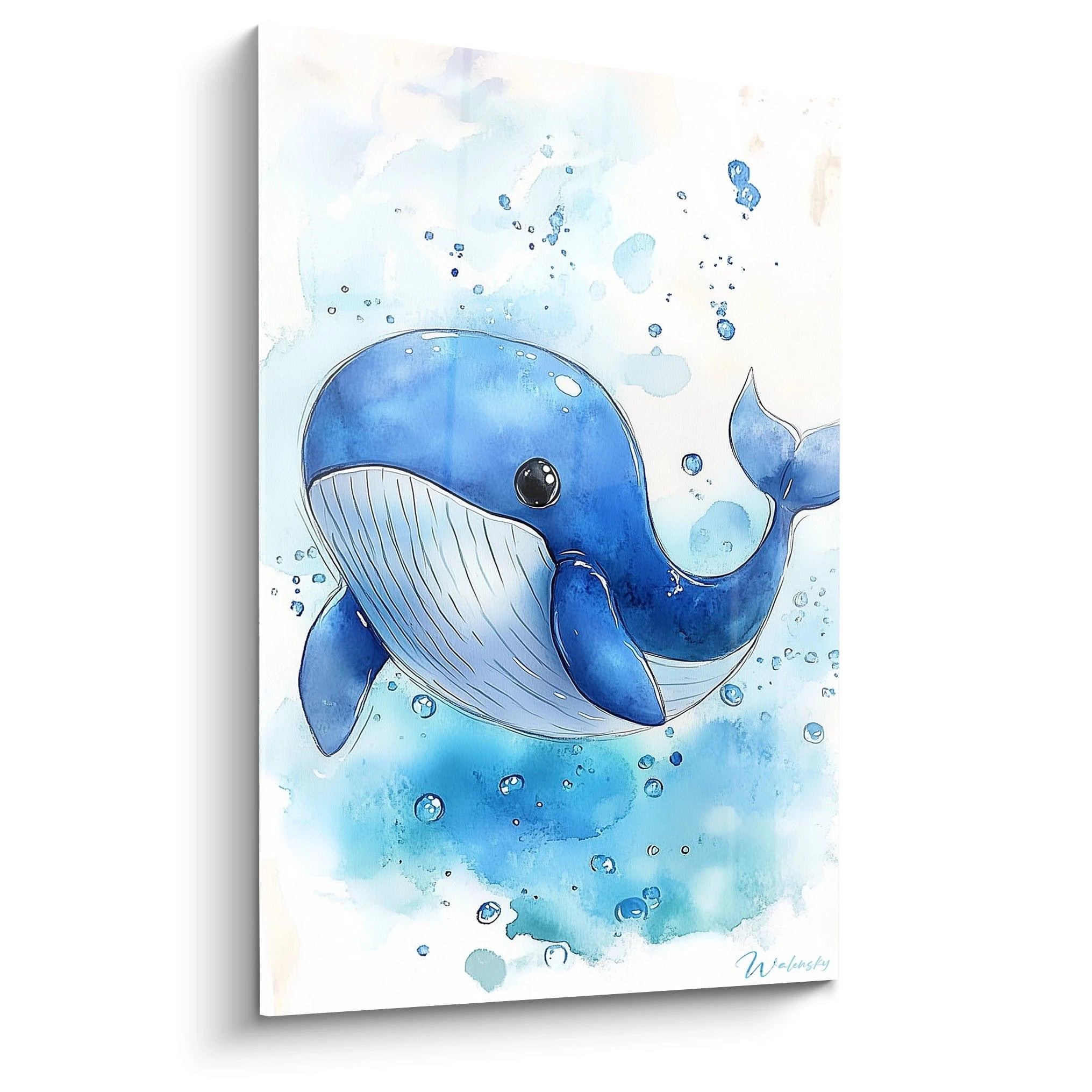 Un tableau pour enfant reprĂ©sentant une baleine stylisĂ©e en bleu et blanc, entourĂ©e de bulles dâeau, sur un fond aquarelle aux teintes bleu clair et marine, avec des contours fluides et doux.