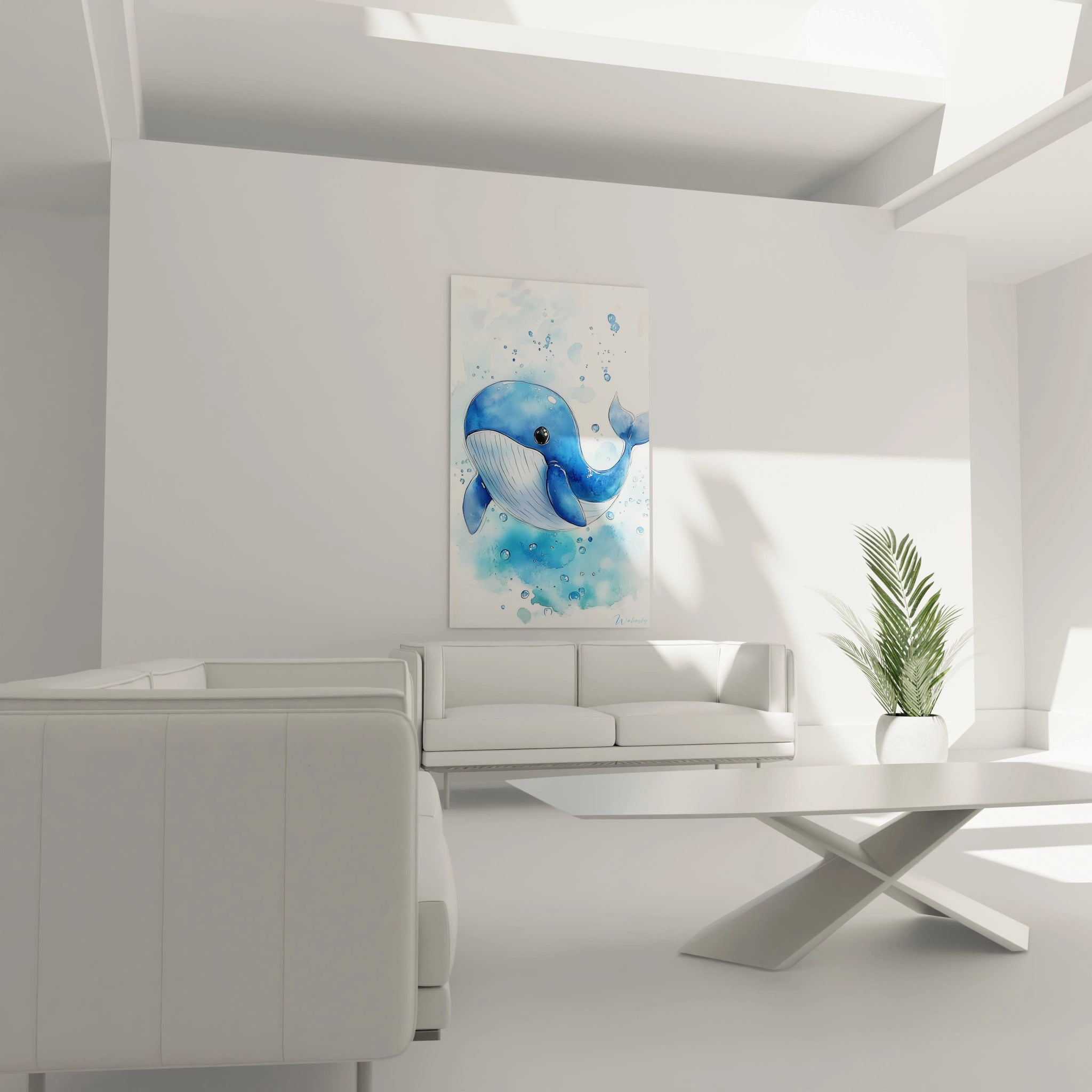 Un tableau pour enfant mettant en scĂšne une baleine aux tons bleus et blancs, avec un contour dĂ©licatement esquissĂ©, sur un fond aquarellĂ© texturĂ©, mĂȘlant Ă©clats de couleur et formes arrondies.