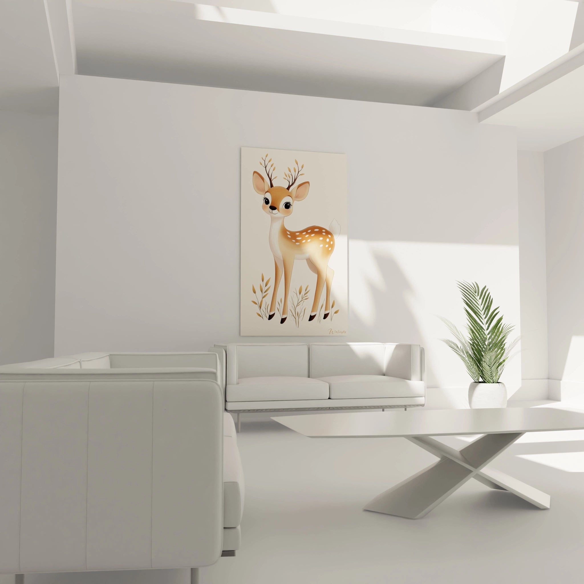 Un tableau pour enfant mettant en scène un faon aux yeux arrondis, aux couleurs marron et crème, avec des détails végétaux minimalistes et une texture lisse sur l’ensemble de l’image.