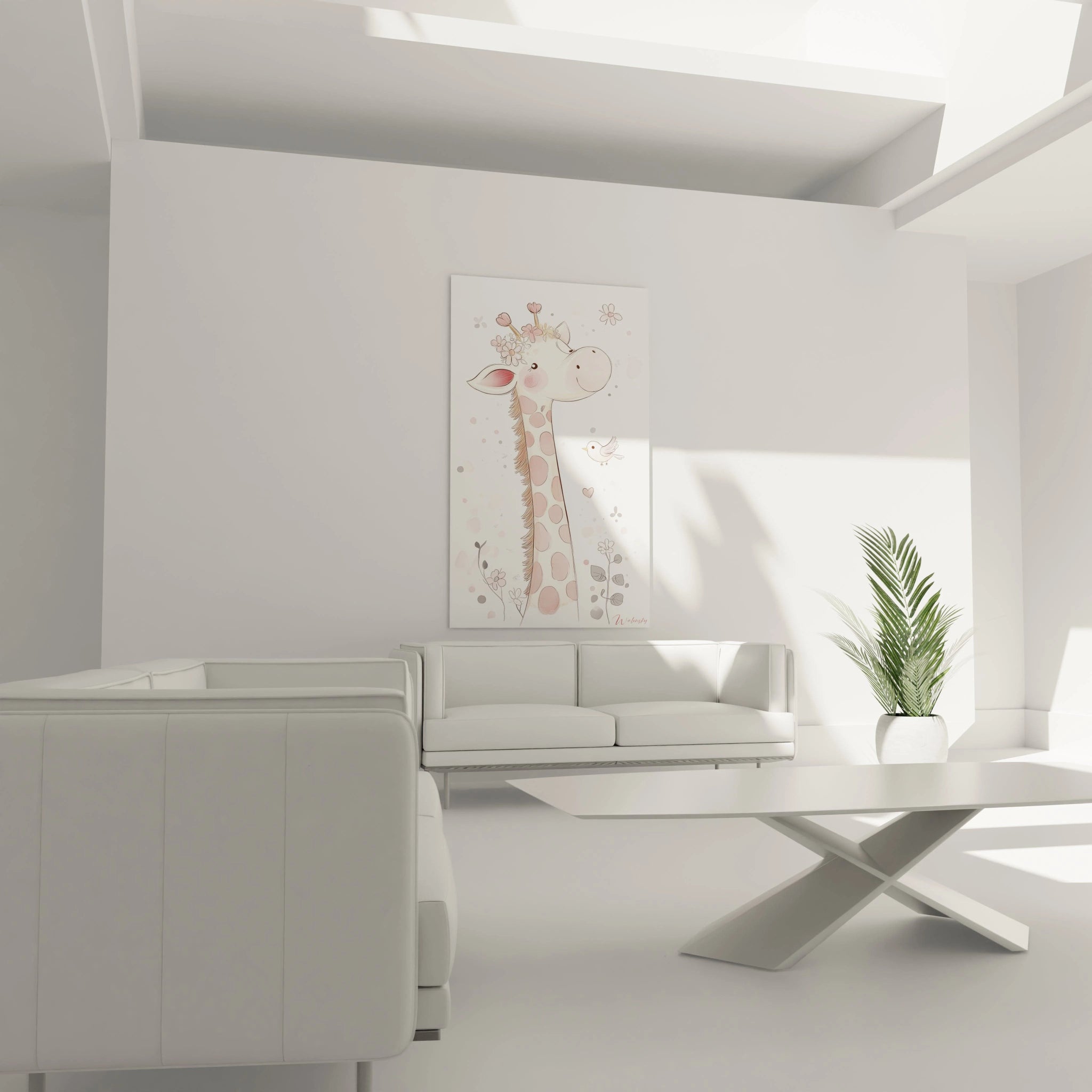 Un tableau pour enfant mettant en scène une girafe stylisée aux taches roses et beige clair, entourée d’un oiseau et d’éléments floraux minimalistes sur fond blanc avec de légers dégradés.